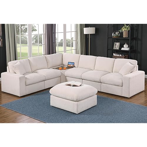 Ball & Cast 116" Oversized Modular Sectional Sofa,Large Chenille Upholstered Couch L-Shaped 7 Seat with Movable Ottoman & 2 Pillows,Comfty Sectionals W/Cup Holders & USB Ports,for Living Room,Beige