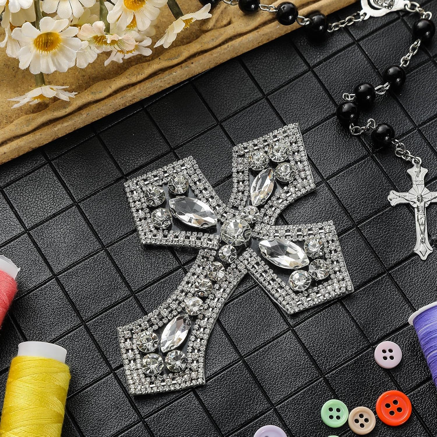 Suncalla 4 Pcs Silver Rhinestone Cross Patch Applique Crystal Cross Iron On Patches Sew on Clothing Patches for Clothes Bag Dress Jacket Repairing 4.53 x 3.5 inches