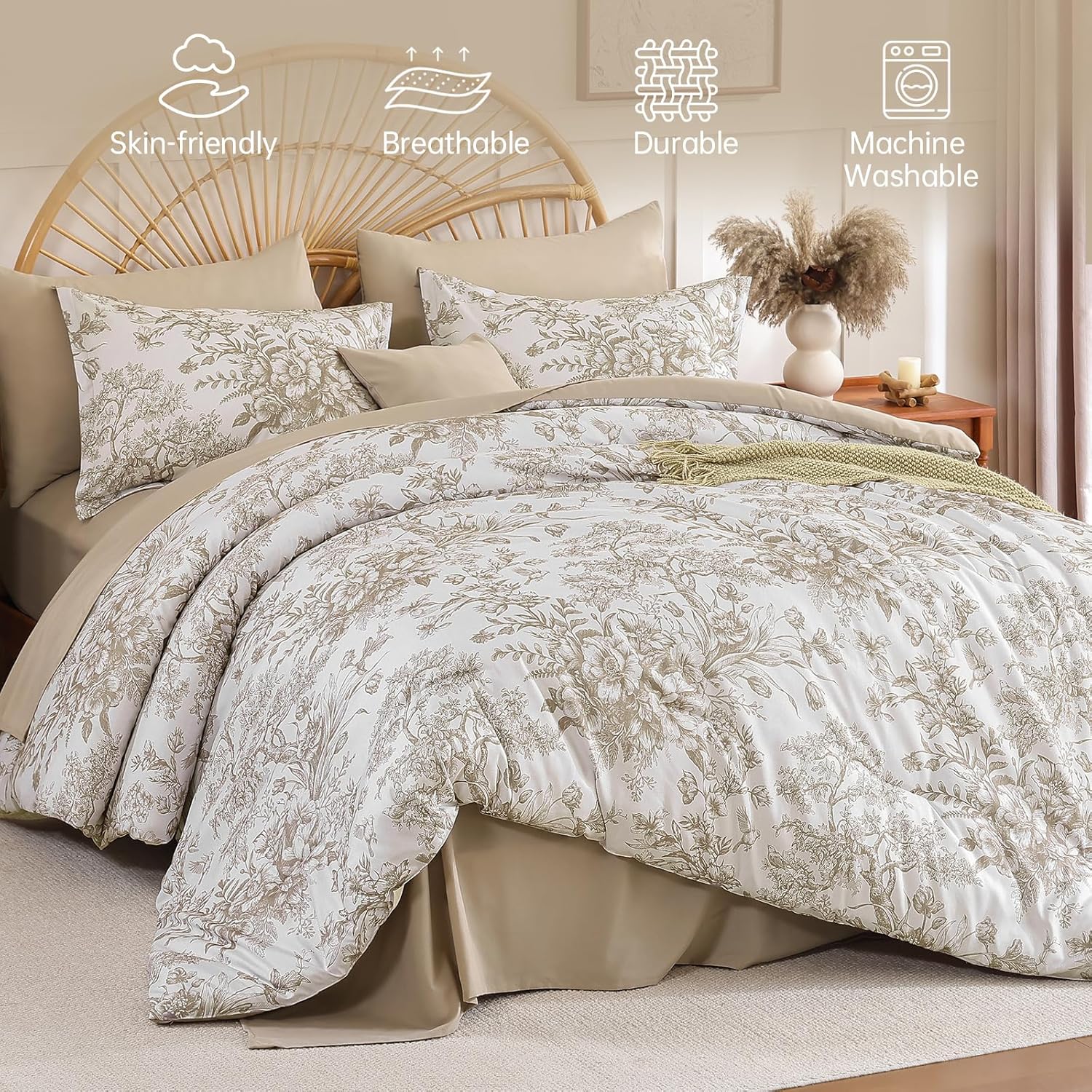 Dinjoy Queen Comforter Set - 8 Pieces Floral Comforter Set Grey, Bed in a Bag Queen with Botanical Print, Winter Soft Comforter Bedding Set with Sheets (Comforter 90"x90")