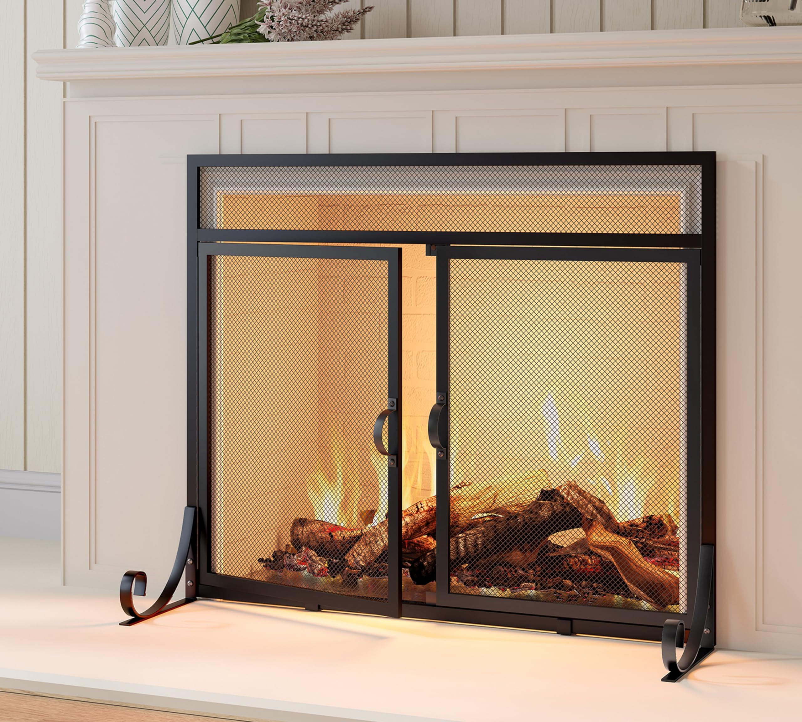 Flat Fireplace Screen with Doors,Solid Wrought Iron Frame with Metal Mesh, Flat Panel Decorative Fireplace Screen with Modern Design, Free Standing Spark Guard