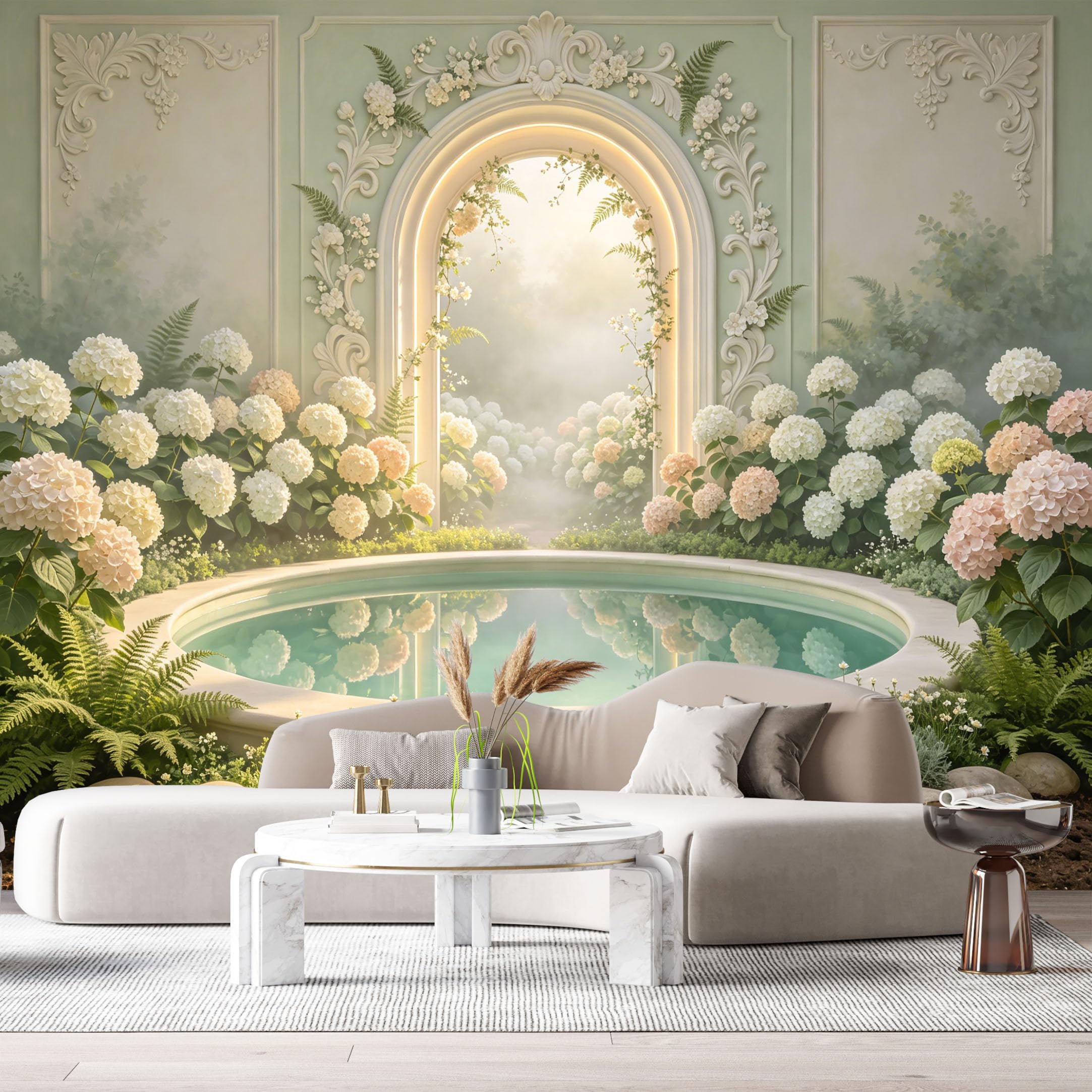 Custom Size Wall Murals Hydrangea Garden Arch Pond Botanical 3D Trompe L'Oeil SelfAdhesiveWall Fabric Removable Wallpaper Wall Decor for Living Room Bedroom Bathroom