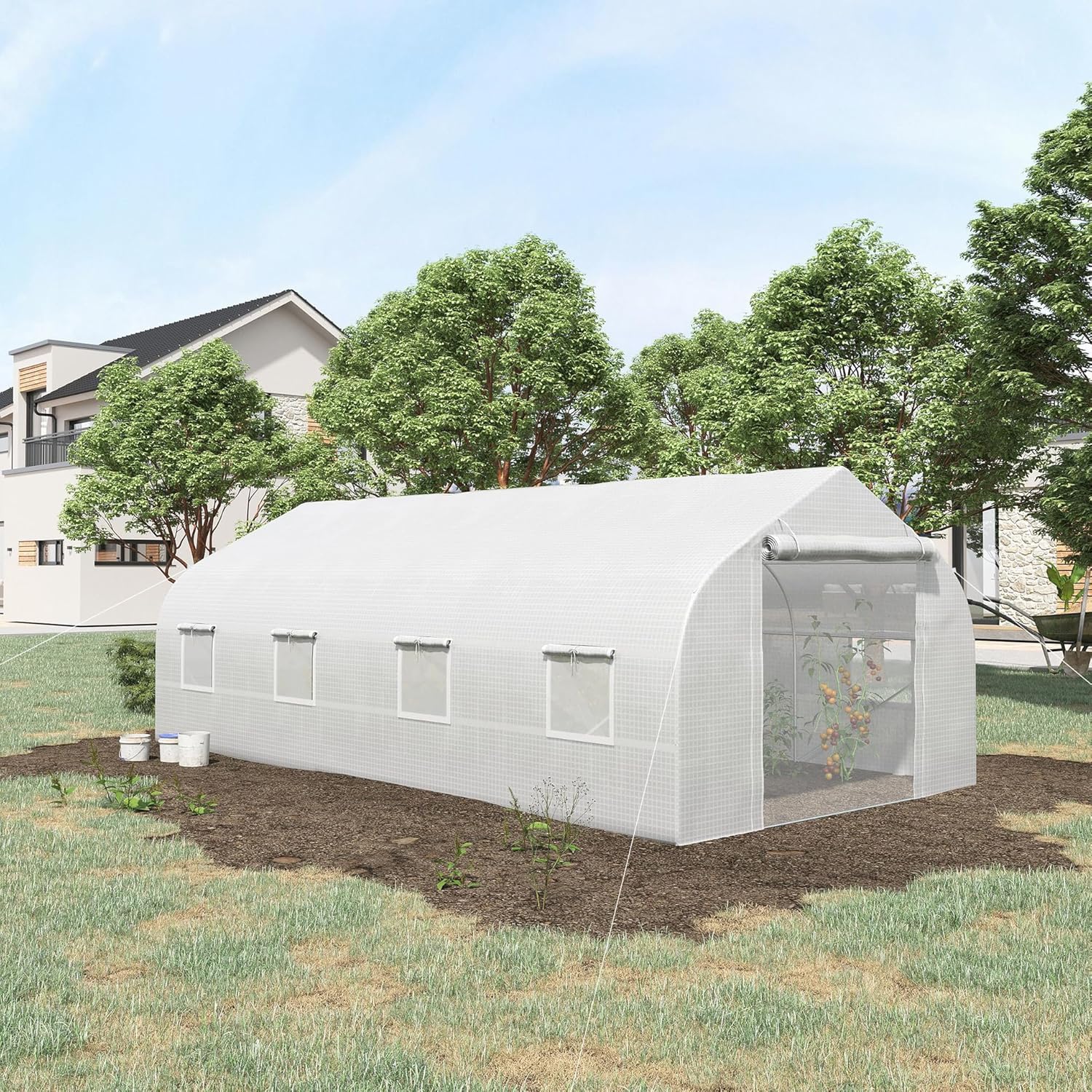 20' X 10' 7' Gardening Hot House, Steel Frame, Zippered Mesh Door, Enhance Plant Care, White Large Walk-in Tunnel Greenhouse, 20'x10'x7', Galvanized 8 Windows,