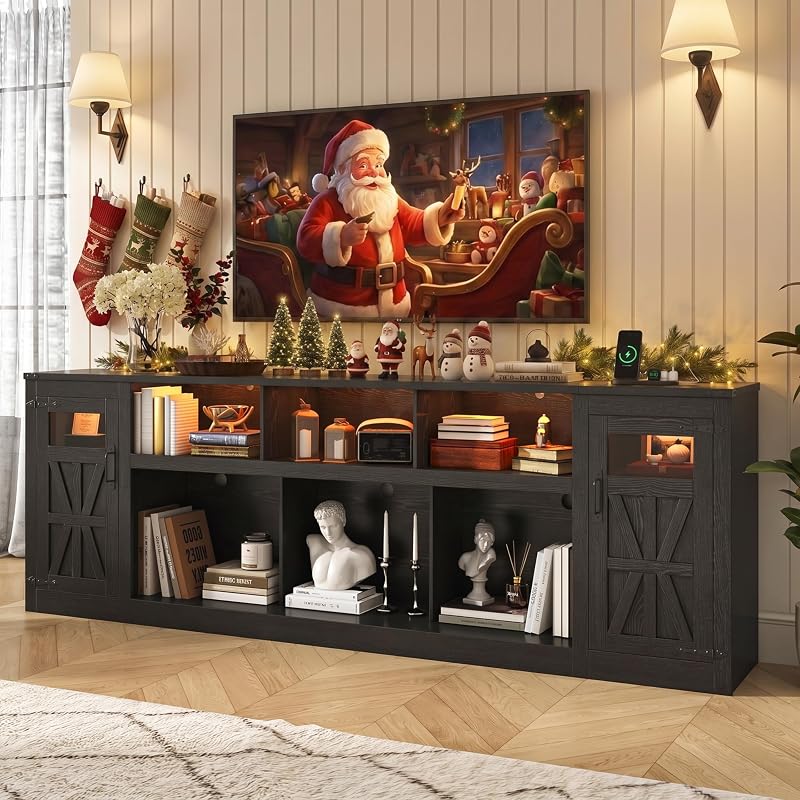95" Farmhouse TV Stand, Large Entertainment Center for TV up to 100", Black