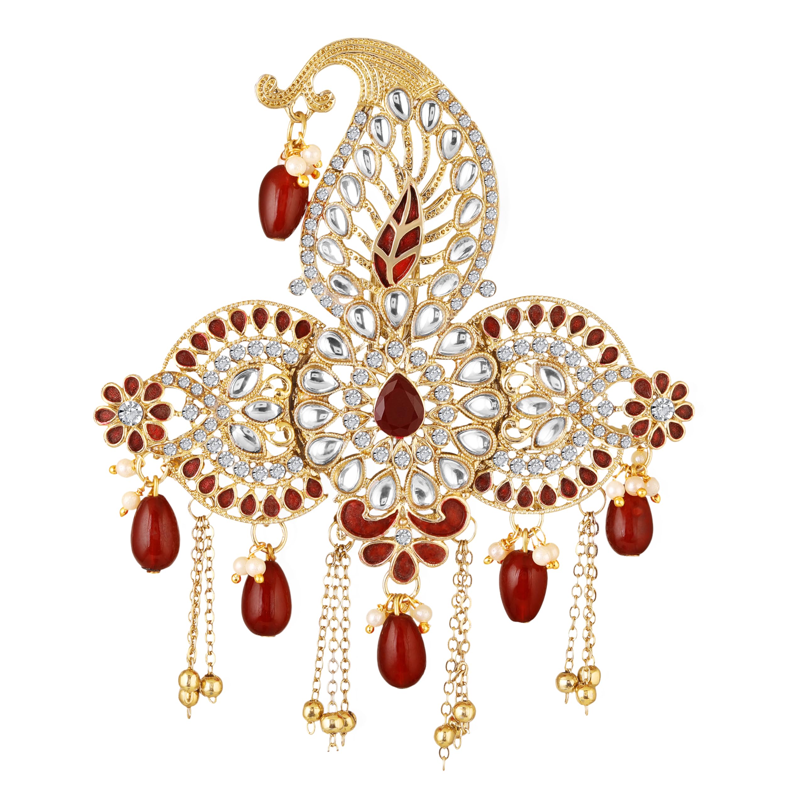 Royal Red Crystals Safa Kalangi for Groom | Traditional Wedding Pagdi Brooch with Gold Plating and Beads (KL1001023G)-image-24