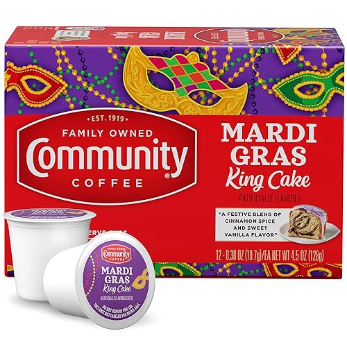 Community Coffee Mardi Gras King Cake - 12 cápsulas de café saborizadas, tostado medio, compatible con cafeteras Keurig 2.0 K-Cup, caja de 12 disponible en Yaxa Mexico