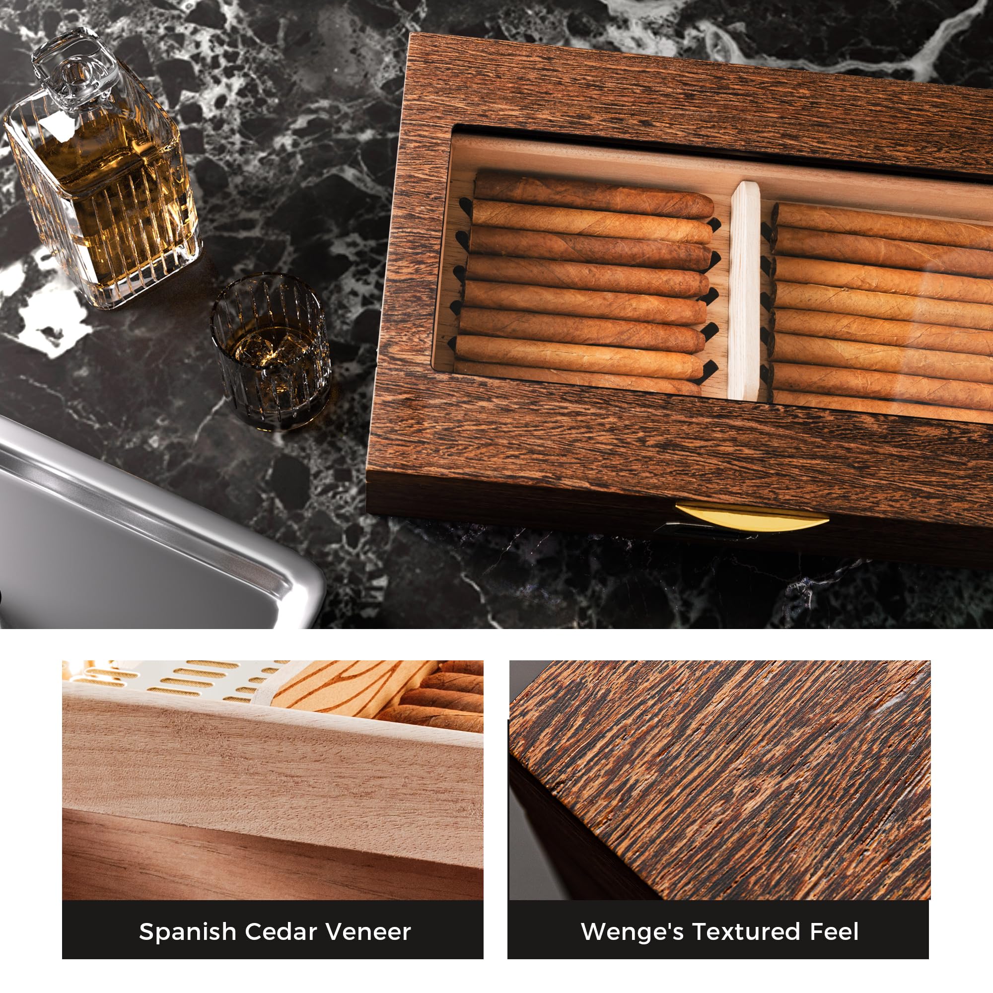 Woodronic Zigarren Humidor Box mit LED Beleuchtung für 50-100 Zigarren Desktop Zigarrenhalter mit Digital Hygrometer Luftbefeuchter Humidor Lösung Spanische Zedernfutter Tablett und Trennwände