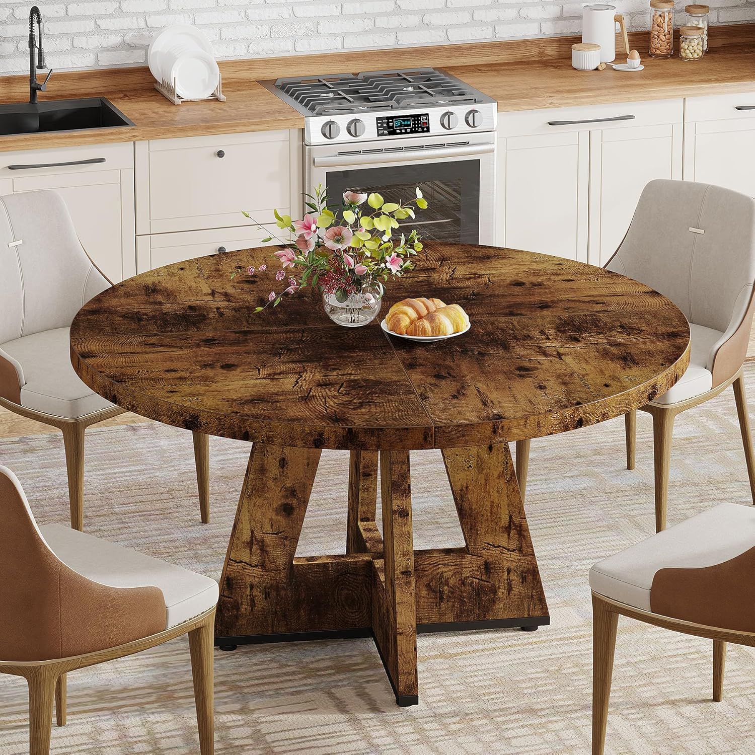 Tribesigns 47 inch Round Dining Table Wood Kitchen Table for Dining Room, 47" Dinner Room Tables for 4-6, Farmhouse Accent Furniture with Wooden Tabletop and Cross Base, Vintage