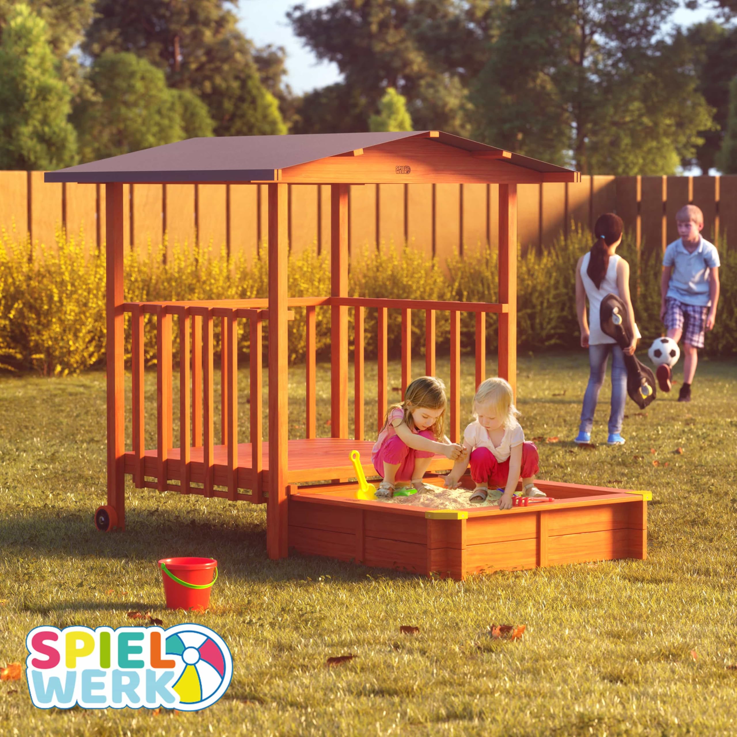 SPIELWERK® Bac à Sable en Bois Merle 143x130x130cm Aire de Jeux cabane Protection UV 50+ Jeu pour Enfants extérieur Jardin