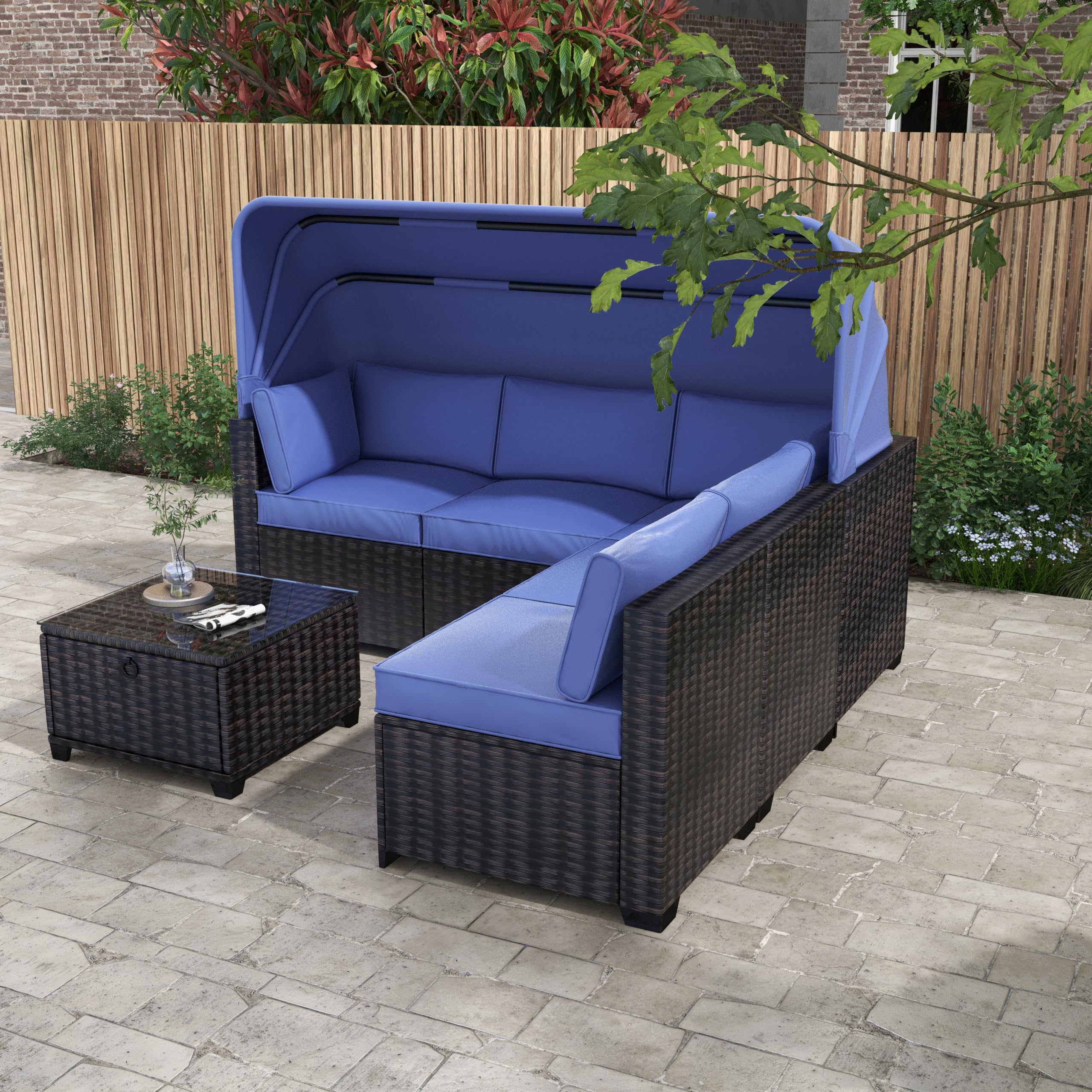 HXUHUWS Outdoor Daybed with Canopy and Convertible Sofa Set, Waterproof Wicker Furniture with Ottoman, Antique Blue