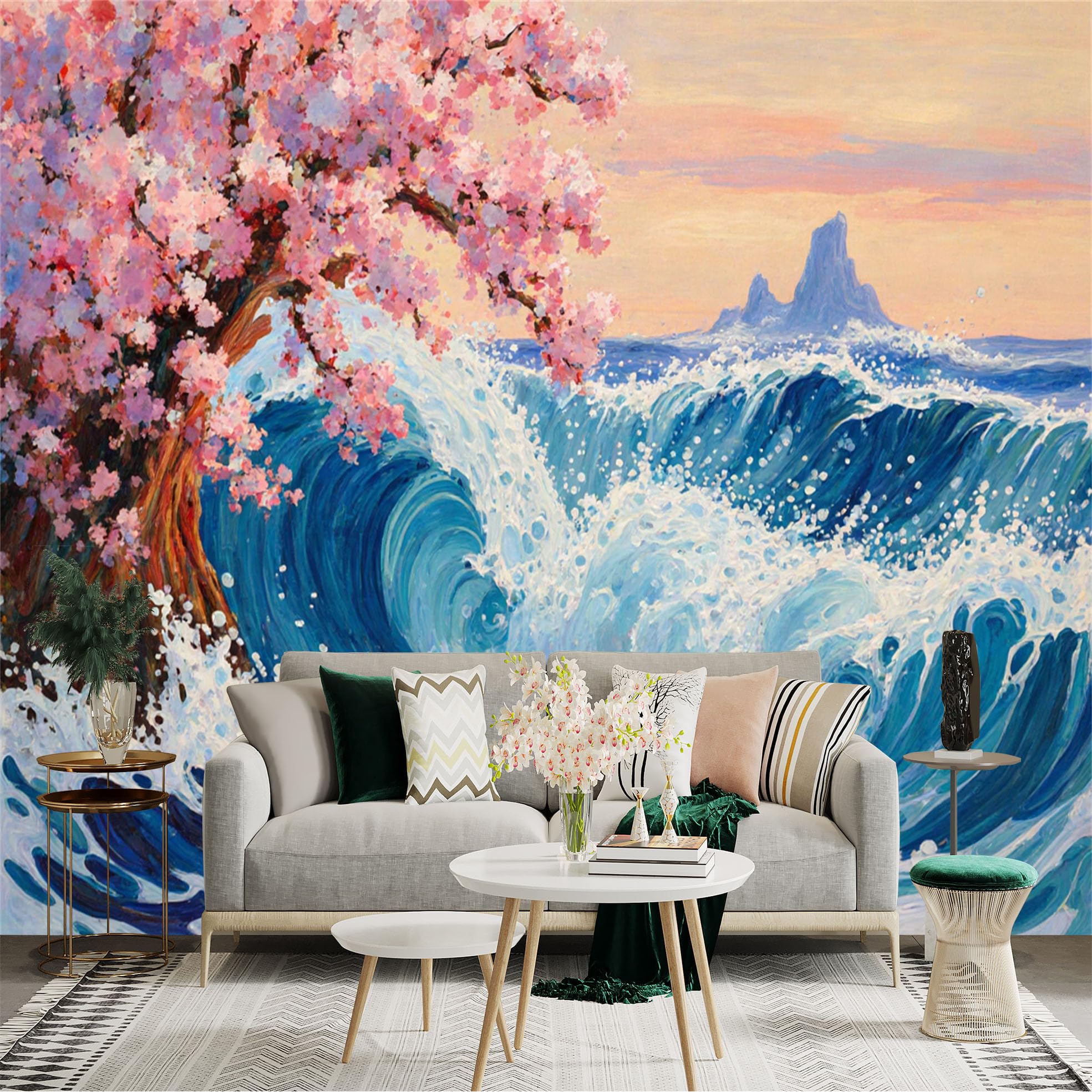 Lnzczhyre Xc260505854 Custom Size Wall Sticker Mural， Cherry Blossom Tree By Turbulent Ocean Waves， Artistic Seascape Scenery， For Wall Decoration， Peelandstick Wall Decals.