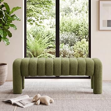 43" Boucle Bed Bench for Bedroom, Upholstered Linen Bench, Green