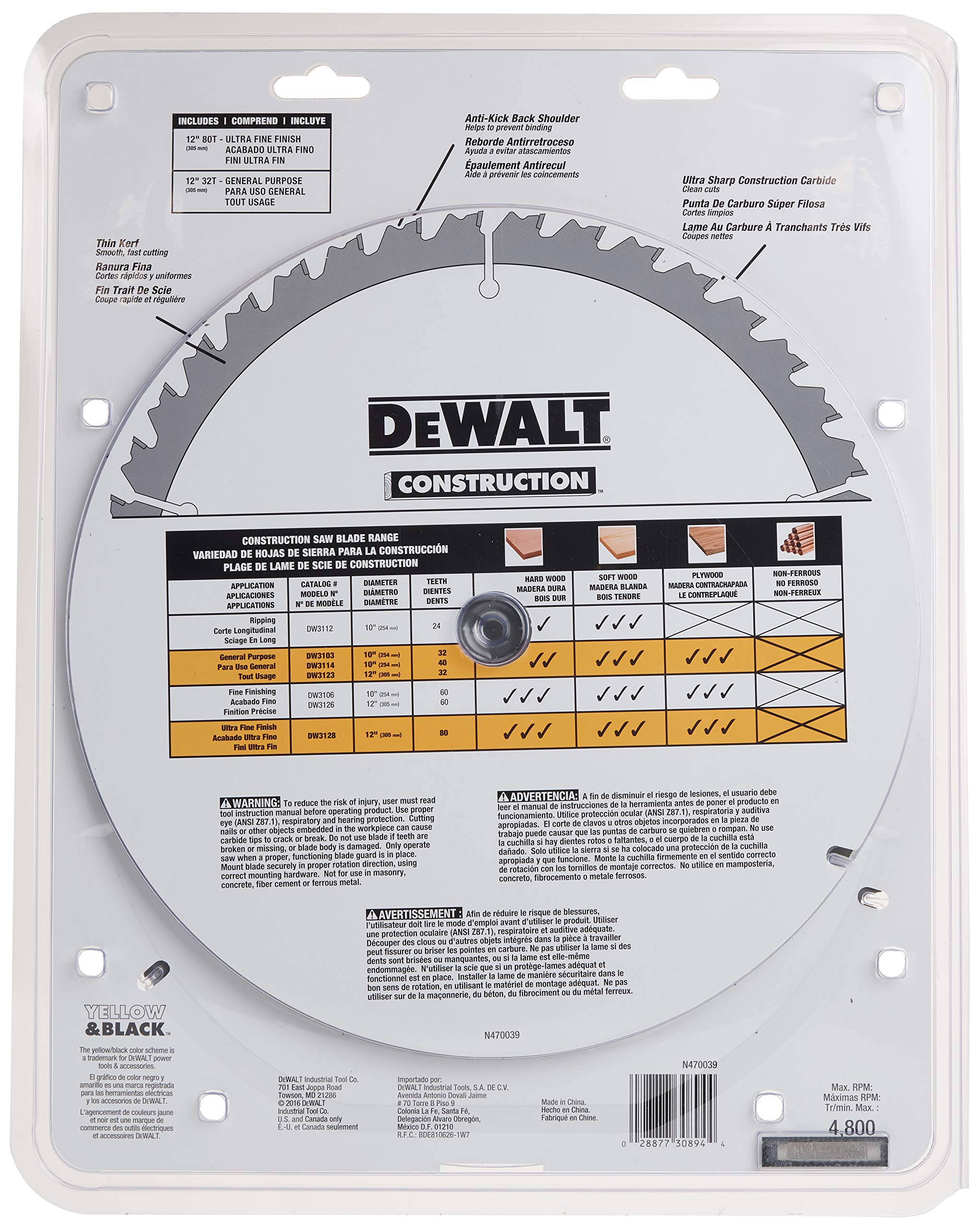 DEWALT 12Inch Miter Saw Blade, Crosscutting, Tungsten Carbide, 80
