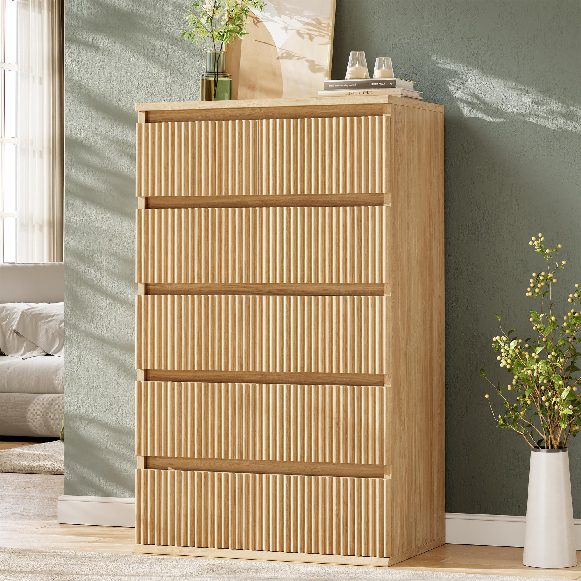 Photo 1 of ***STOCK PHOTO FOR REFERENCE ONLY***Jocoevol Fluted 6 Drawer Dresser for Bedroom, Modern Wood Chest of Drawers, Tall Storage Dresser with Deep Drawers, Handleless Floor-Standing Dresser for Bedroom, Living Room, Entryway, Natural Oak