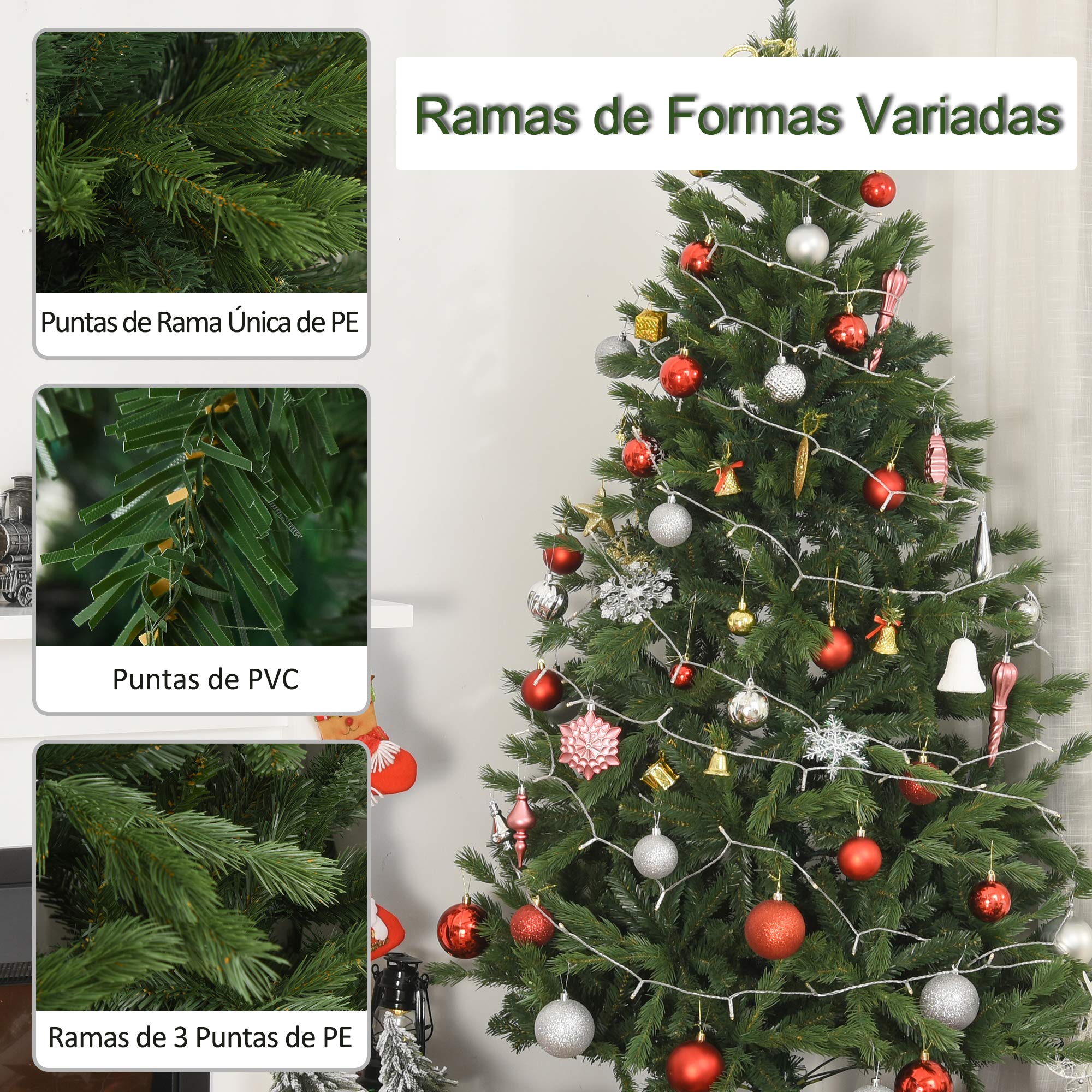 HOMCOM Árbol de Navidad Artificial 440 Ramas PE Tridente Ø75x150 cm Verde | PVC Individual, Base Plegable, Árbol Navideño Decorativo, Exteriores Interiores