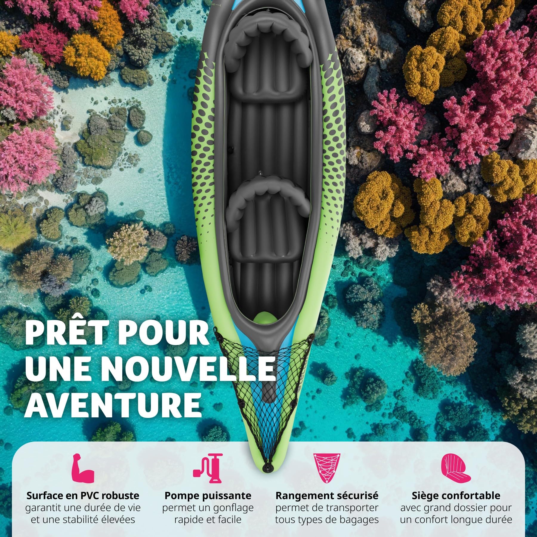 tectake® Canoë Kayak Gonflable en PVC Robuste avec Pagaie Double Solide, Filets de Transport & Sac de Transport, Kayak de mer Gonflable - Plusieurs Options 1 ou 2 Places
