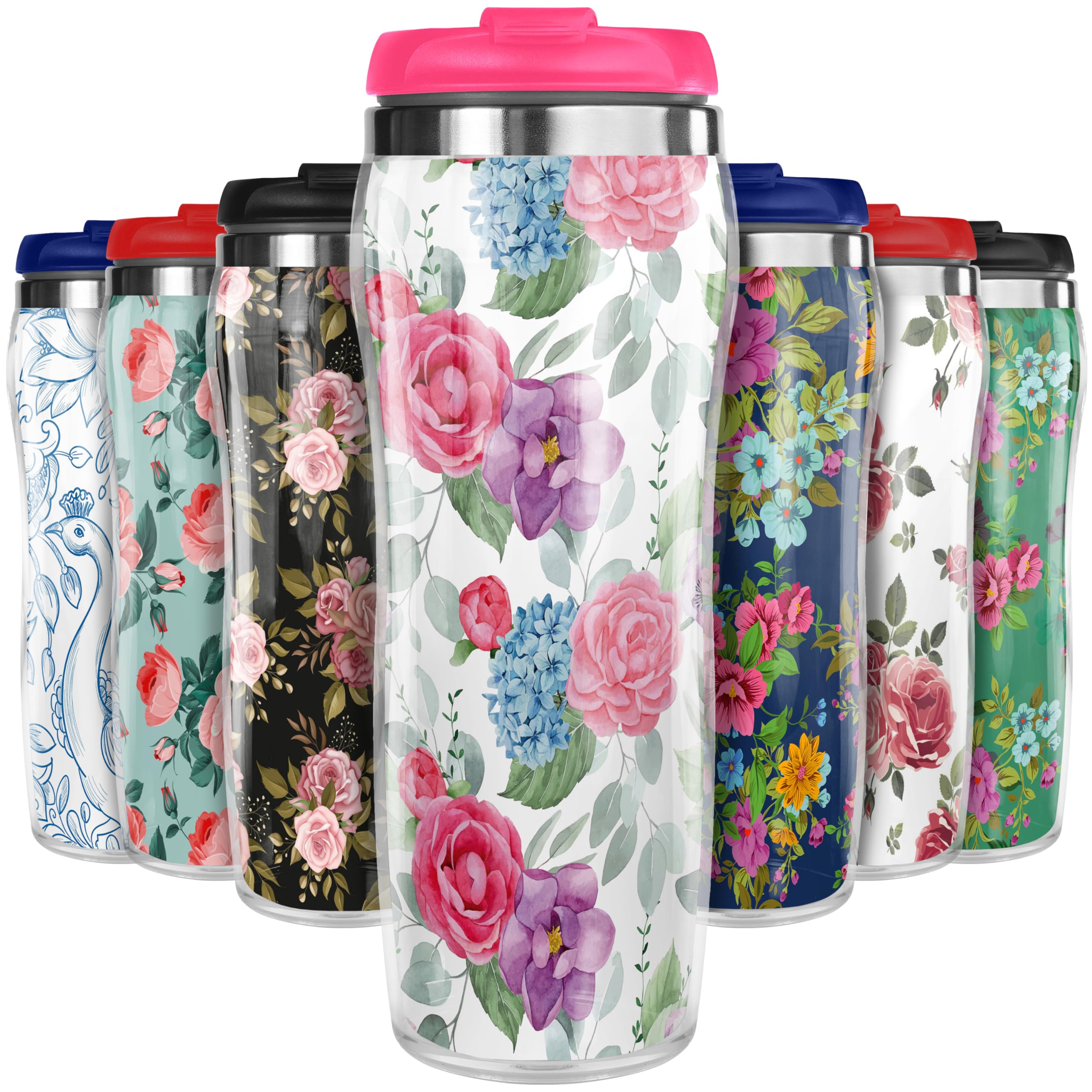 Pixly® Garden Flowers Thermal Travel Mug Coffee Tea Flask, 400ml/14oz Capacity, Flower, Floral Pattern - Floral Splendor