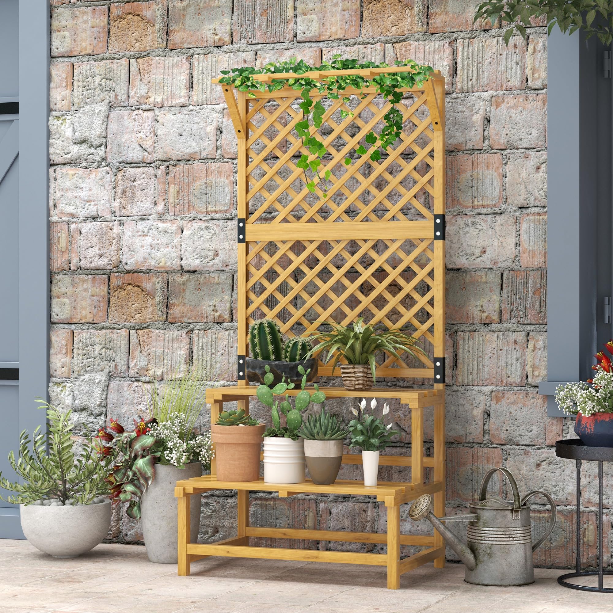 Outsunny Escalier à fleurs avec tuteur, 2 marches, toit, escalier pour plantes d'intérieur et extérieur, support de fleurs en bois, étagère à fleurs à plusieurs étages pour jardin, balcon, 75 x 50 x