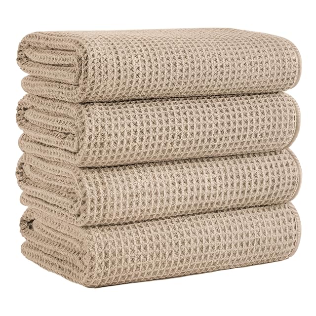 Microfiber Waffle Bath Towels 4 Pieces Soft Absorbent Fast Drying Lint Free 430 GSM Beige