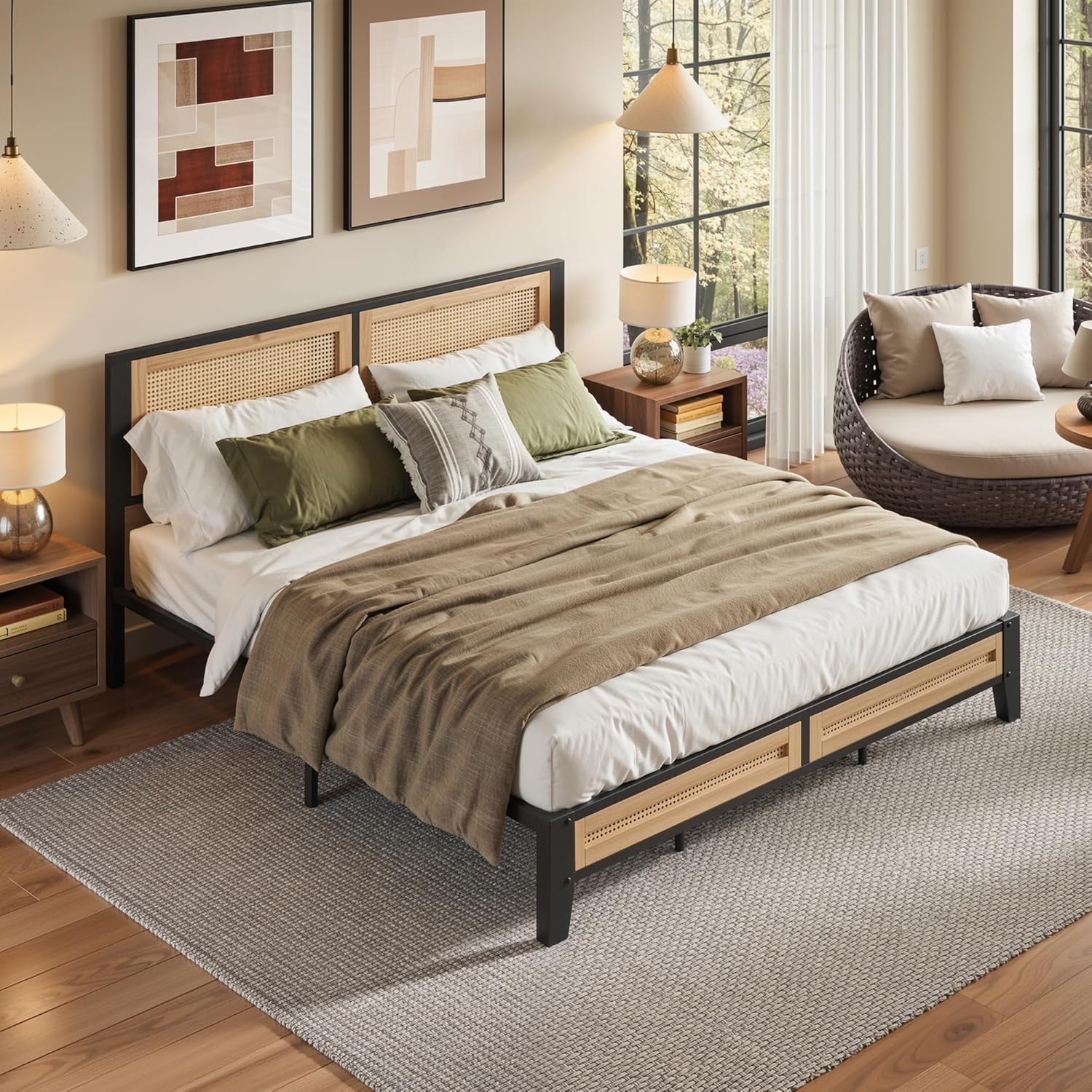 LIKIMIO Queen Bed Frame, Boho Platform Bed with Rattan Headboard and Underbed Storage, Noise-Free Metal Slats, No Box Spring Needed, Easy Assembly