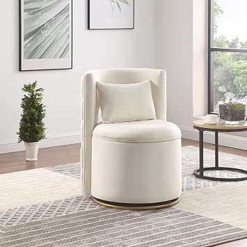 Vanity Chair with Storage, Button Tufted Back, Fully Assembled | Plush, Soft, 360 Swivel, Pillow Included, Hollow Backrest, Large Storage under Seat, Velvet Fabric, Accent Decoration, Beige