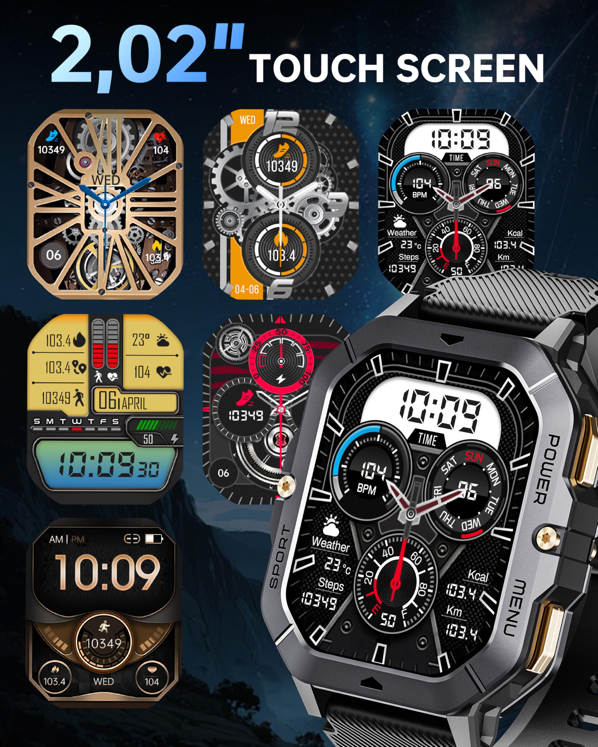 OUKITEL Smartwatch Uomo 2,02 Pollici Orologio Militare Fitness con Chiamate Bluetooth,Rugged Smart Watch Impermeabile 410mAh Sonno 100+ Modalità Sportive Contapassi per Android iOS