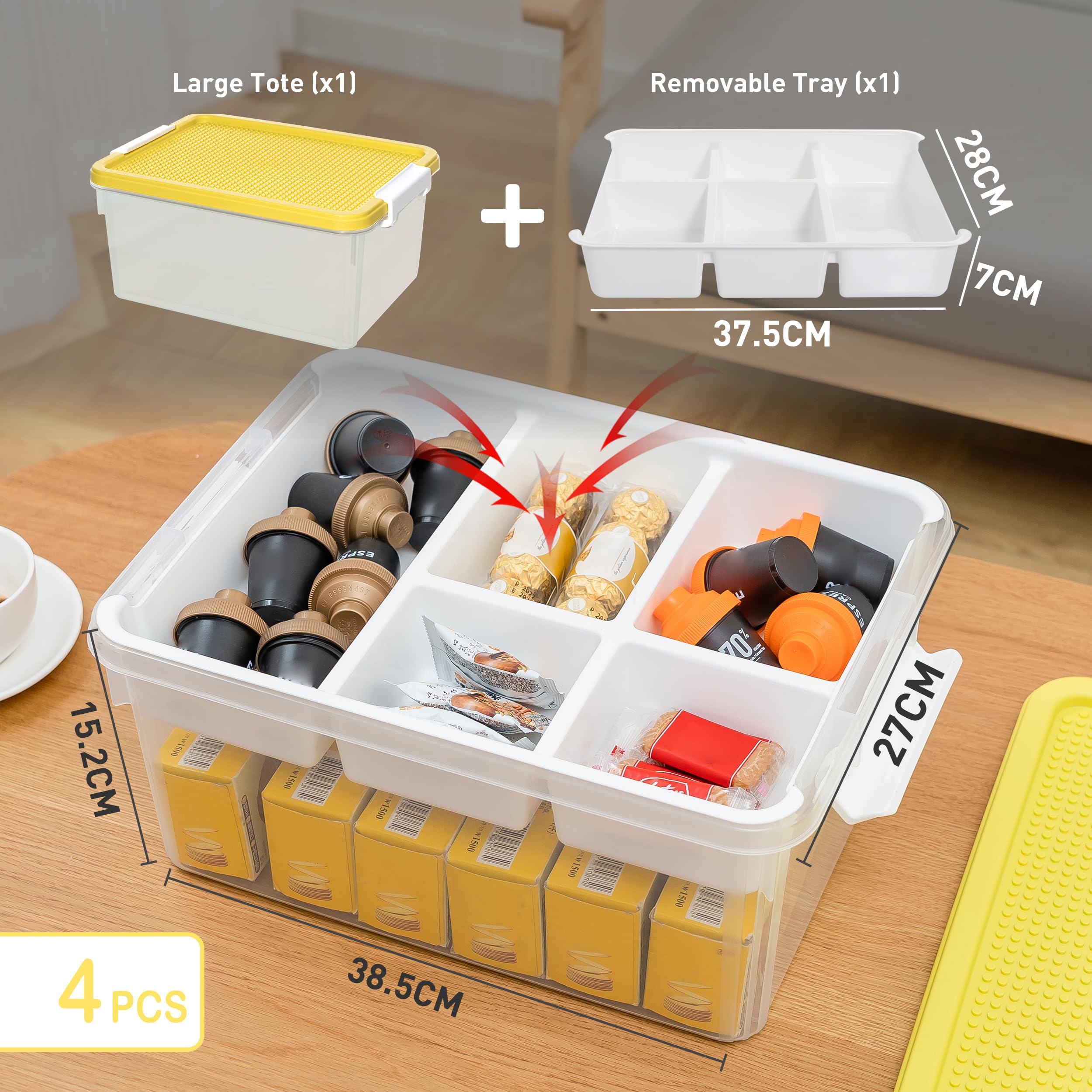 Citylife Juego de 4 cajas de almacenamiento con tapa, amarillo, plástico de 16 l con tapa de placa de construcción y bandeja extraíble, organizador para manualidades, caja transparente para organizar
