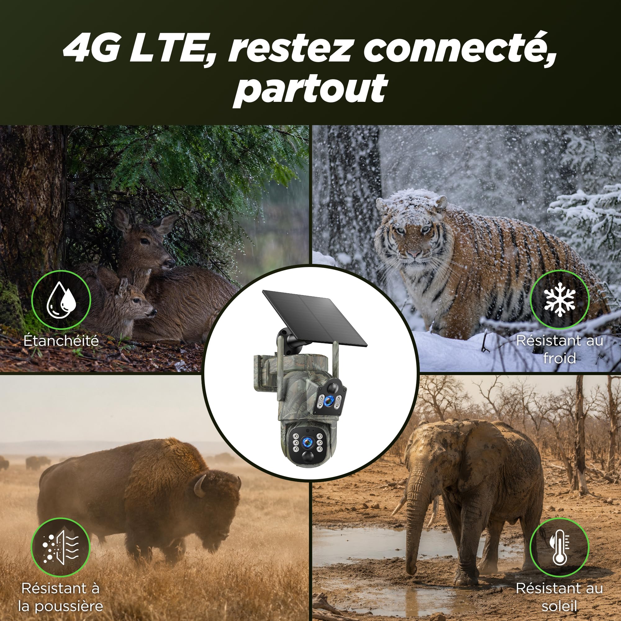VOOPEAK Caméra de sécurité cellulaire 4G LTE, Double Objectif PTZ 360° avec Suivi Automatique, caméra Solaire sans Fil pour extérieur avec Carte SIM, Vision Nocturne Couleur 2K HD, étanchéité IP66