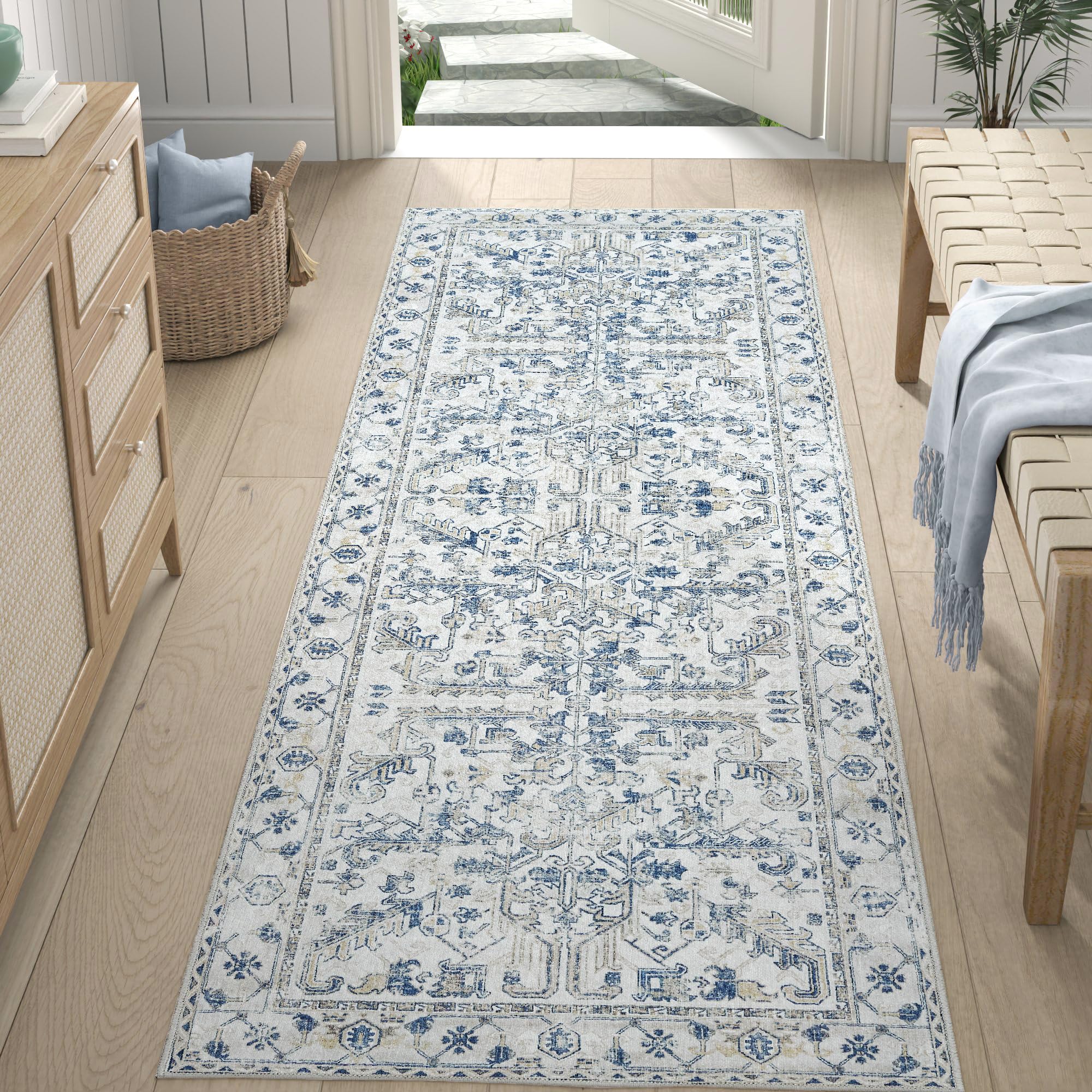 jinchan Lima Runner Rug 2x6 Washable Hallway Runner - Vintage Floral Non Slip Low-Pile Soft Ultra-Thin Kitchen Rug Distressed Carpet for Farmhouse