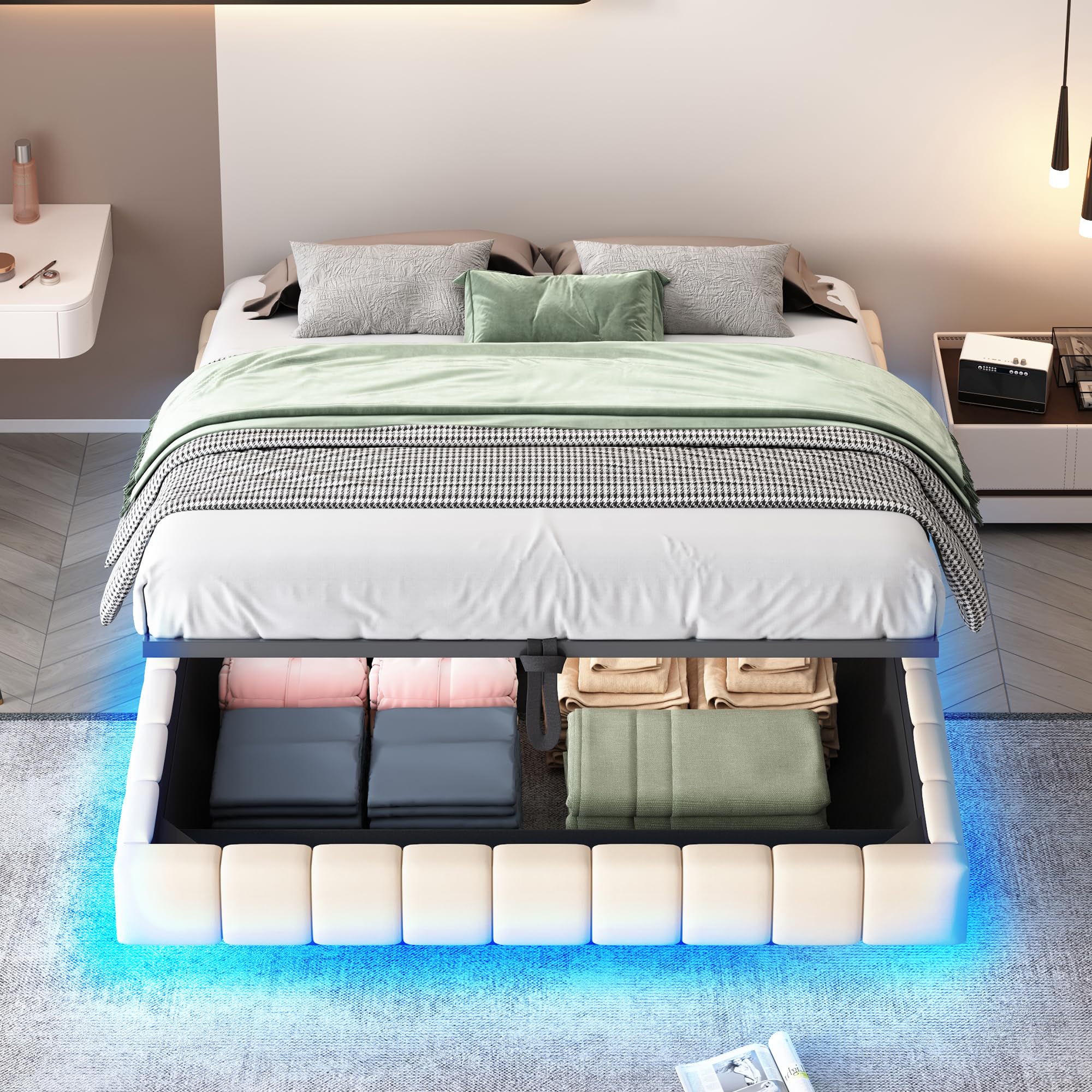 Letto matrimoniale imbottito, 160 x 200 cm, letto a molle con cassetta, con illuminazione a LED, telaio del letto con spazio di archiviazione, telaio del letto senza testiera, senza materasso