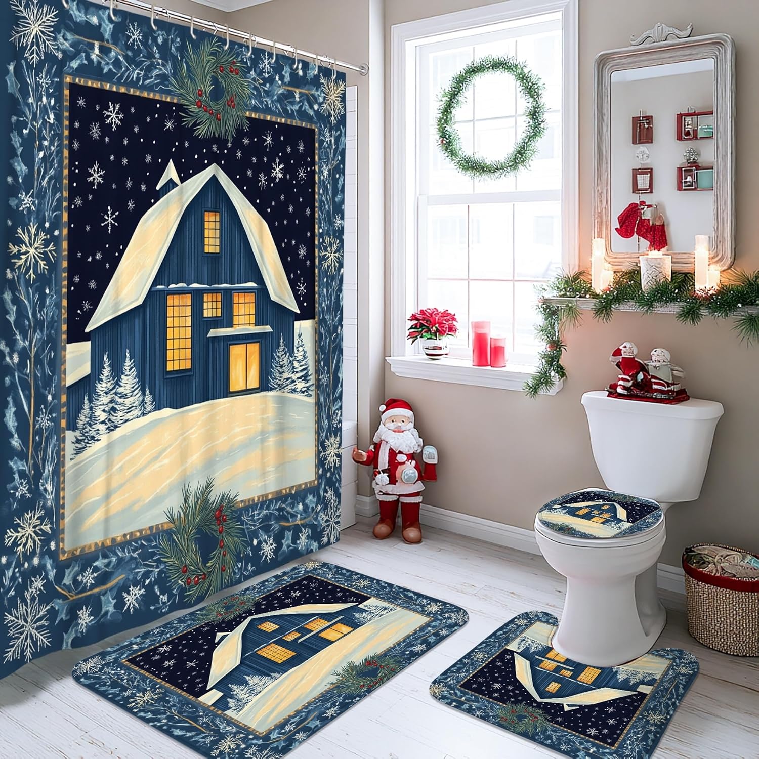 4PCS Winter Farmhouse Christmas Bathroom Sets with Non-Slip Rug, U Shape Toilet Lid Cover Mat, Country Barn Xmas Scenic Bathroom Decoration 72''x72''