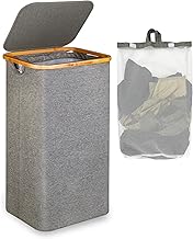 efluky Laundry Basket with Lid, High Laundry Box with Bamboo Handle and Inner Bag, Foldable Large XXXL Laundry Basket Collector for Storing Clothes and Toys, Laundry Baskets – 120 L, Grey
