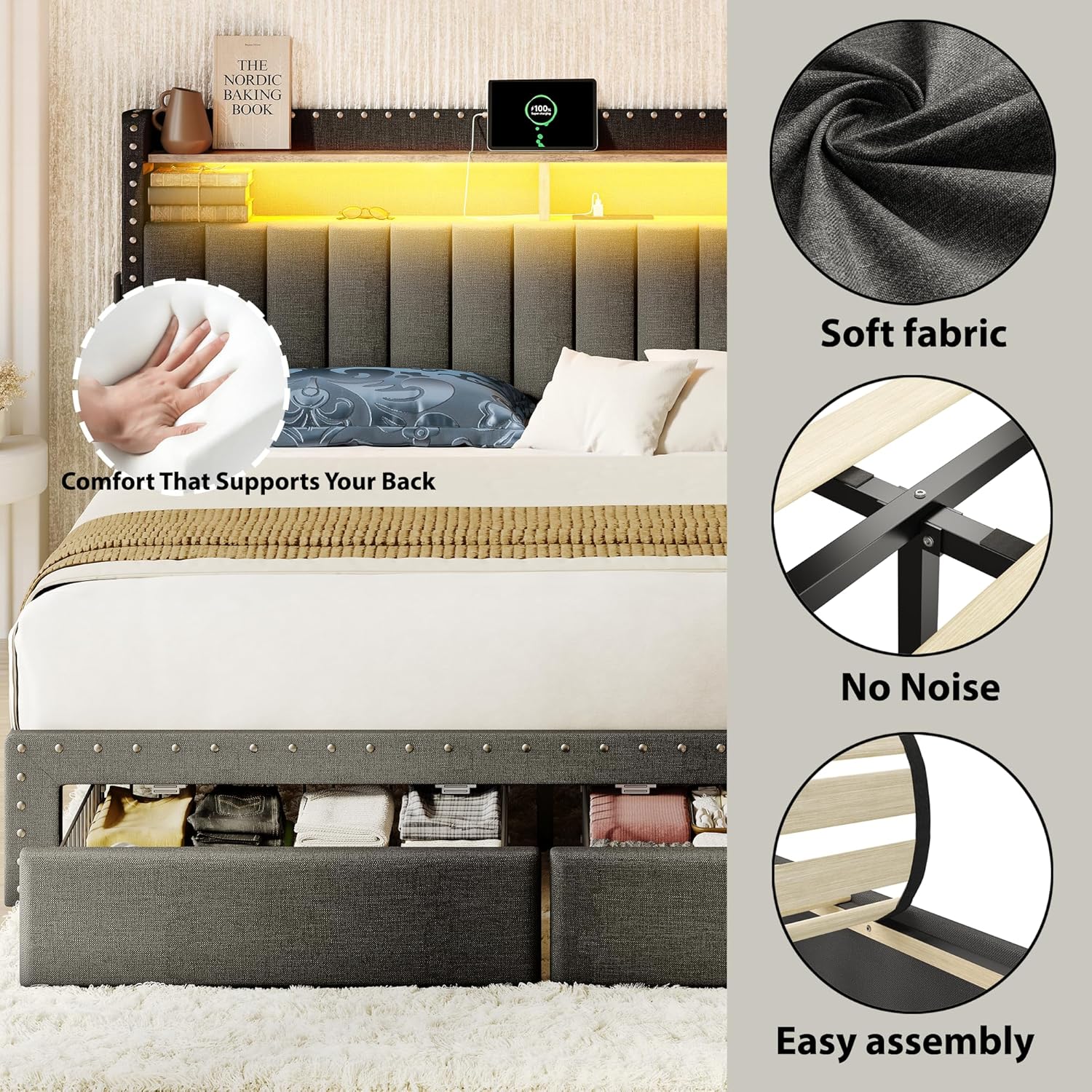 Queen Bed Frame with Storage Headboard and Drawers, Upholstered Bed Frame Queen Size with Charging Station and LED Lights, Bed Frame with Wooden Slats Support, No Box Spring Needed