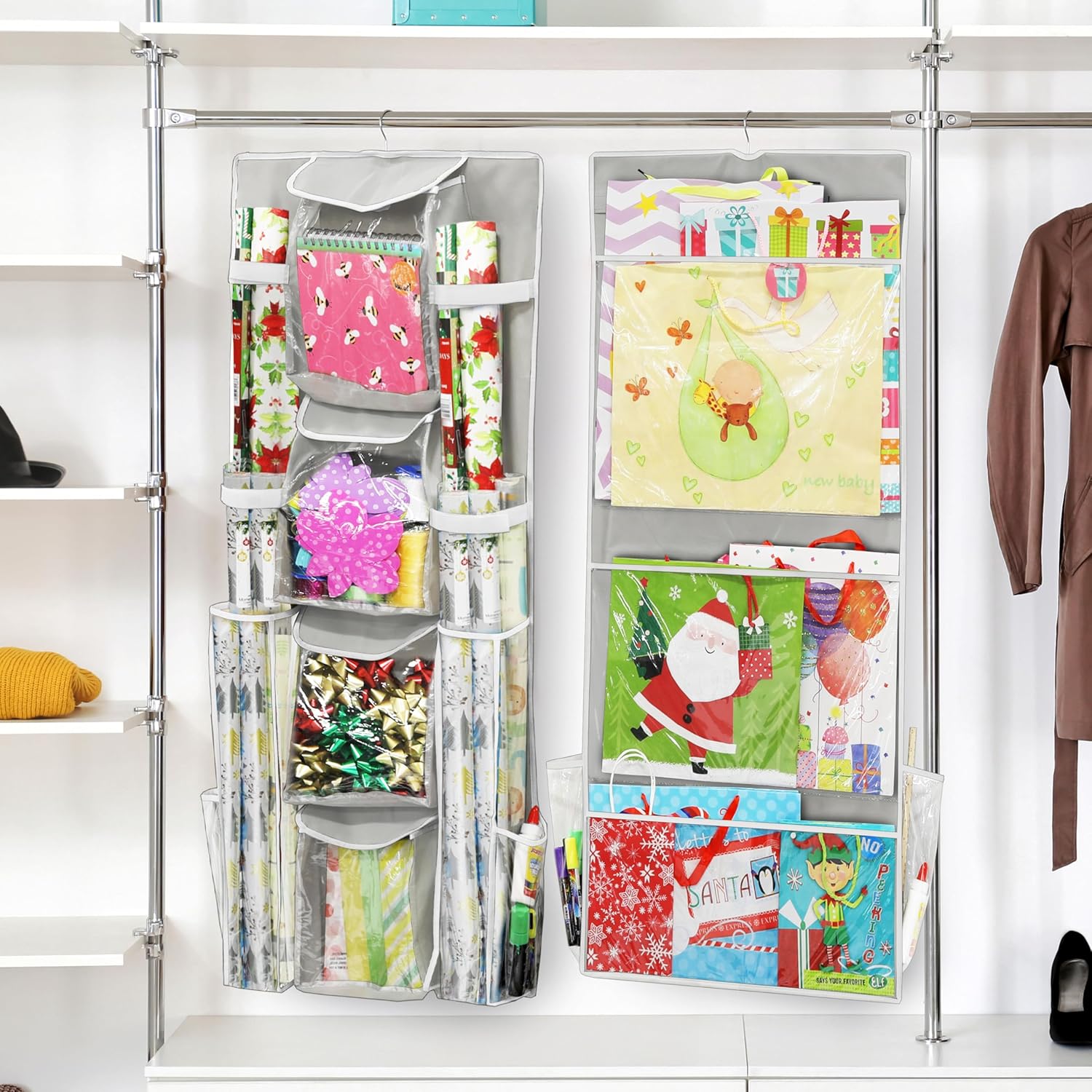 Simple Houseware Double-Sided Hanging Gift Wrap Organizer Storage Pockets, Gray (Set of 1)