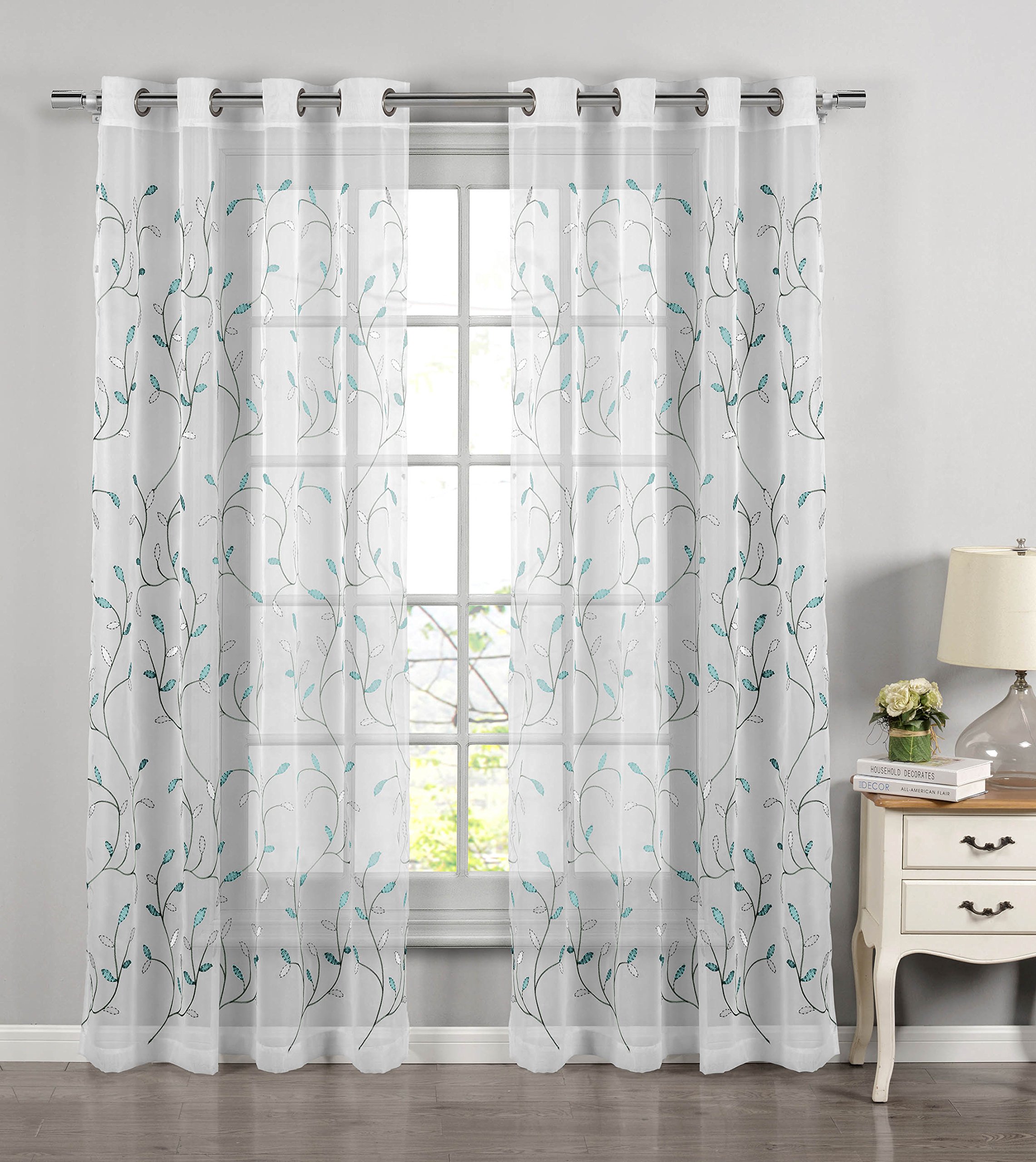 Creative Home Ideas Wavy Leaves, Embroidered Window Curtain with Grommets, Extra Wide Single Panel, 100% Polyester, Light Filtering, Sheer, Modern Drapes, 54" x 84", Turquoise