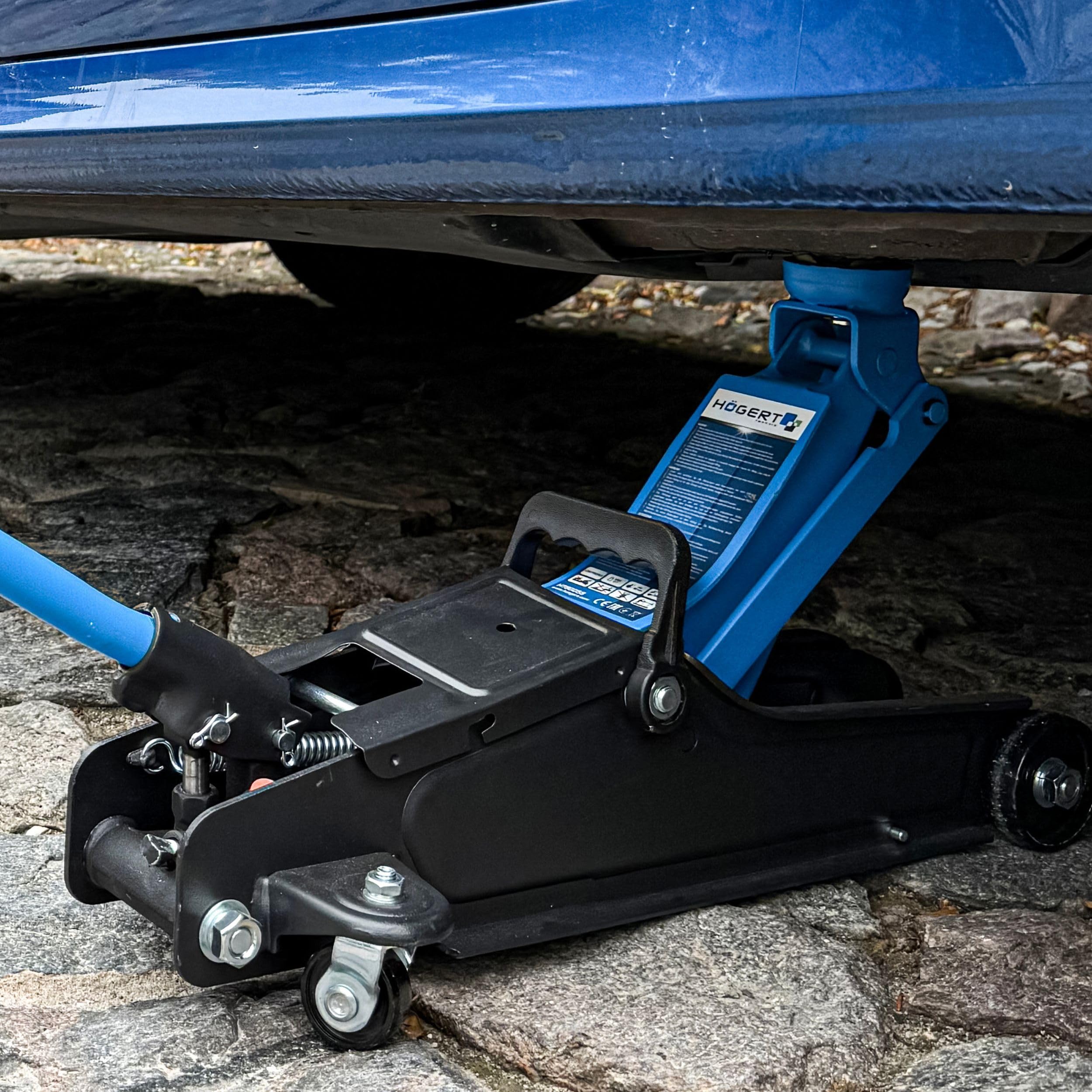 HÖGERT TECHNIK Cric idraulico piatto 2T, altezza 90-340 mm, acciaio, ruote, valvola sicurezza, sollevatore auto