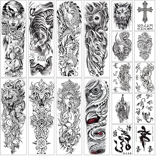 Aresvns Tatuajes de manga temporales para hombres, mujeres y niños (19 x 7 pulgadas), tatuajes falsos realistas de color negro, tatuajes temporales