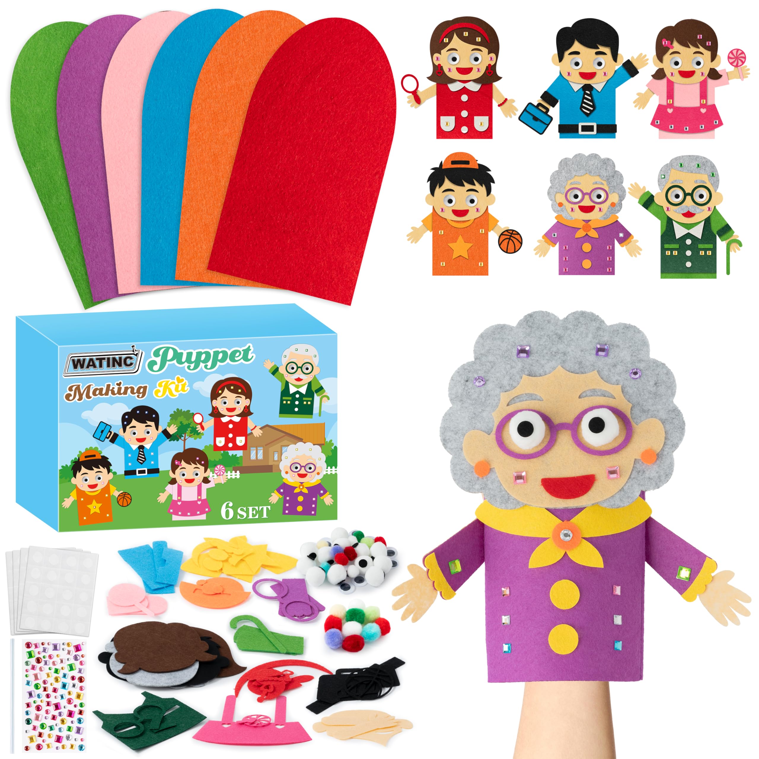 WATINC 6Pcs Hand Puppet Making Kit, Art Craft Felt Sock Puppet Toys, Creative DIY Make Your Own Pompoms Wiggle Googly Eyes Storytelling Role Play Party Supplies Gift for Girls Boys (Family Members) โ image 1
