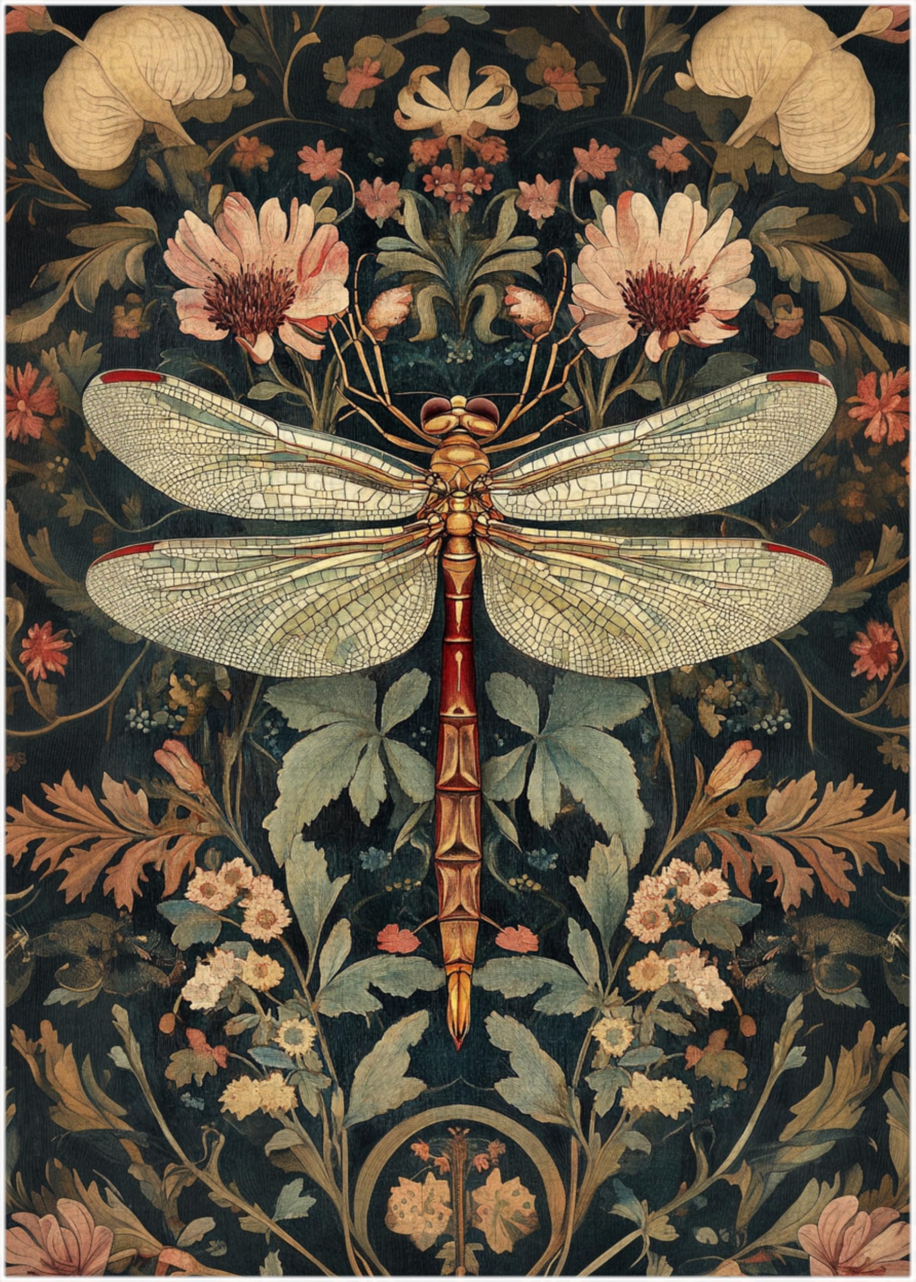 Vintage Floral Dragonfly Jigsaw Puzzle 1000 Pieces for Adults - Floral Puzzle Gift for Dragonfly Lovers - 1000pc Heritage Victorian Design Decor