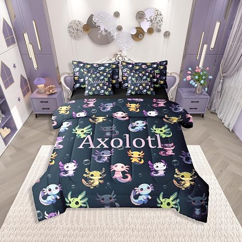 Erosebridal Kids Cute Axolotl Full Comforter Set with Sheets 7 Piece Kawaii Axol