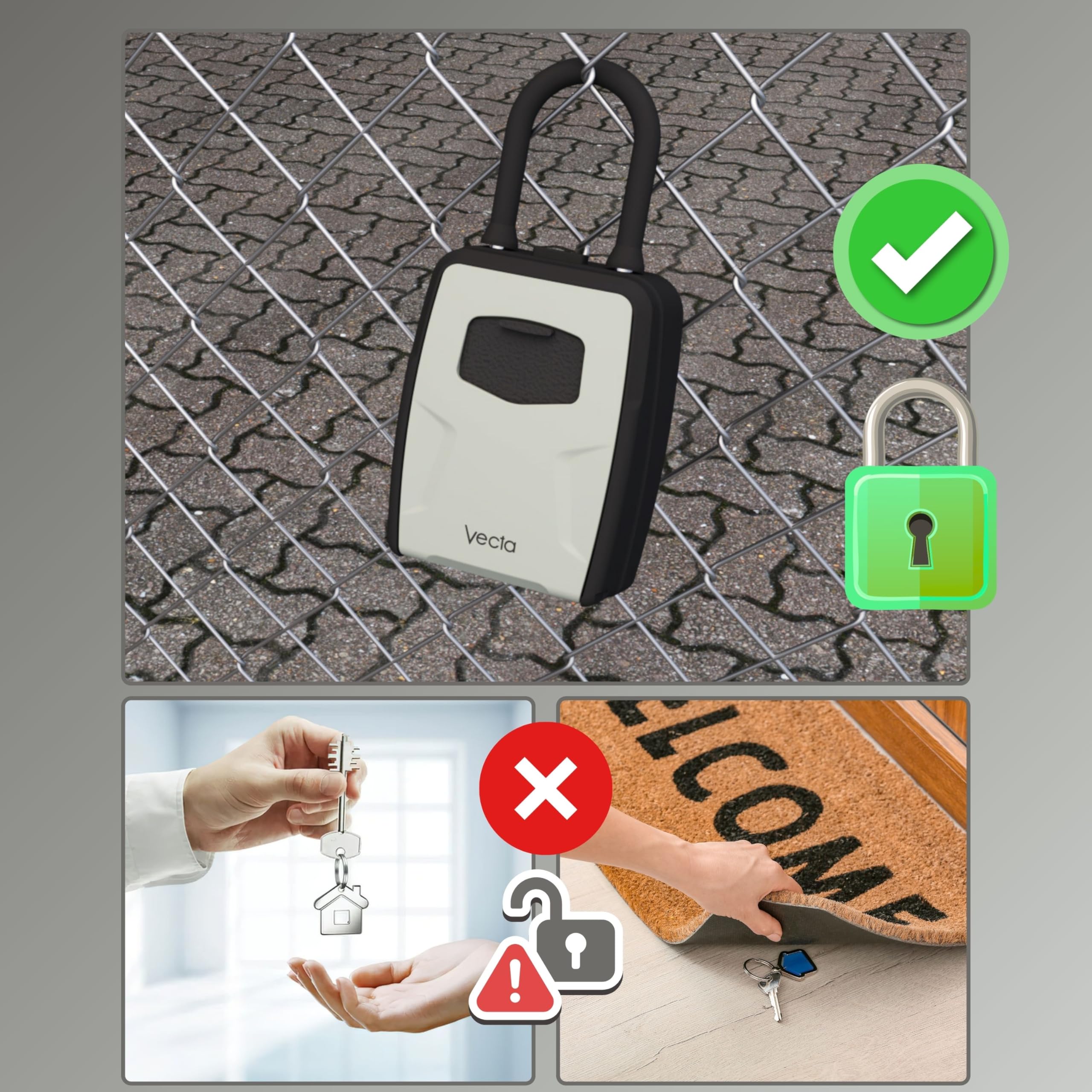 VECTA Coffre à Clés avec Anse Portable – Code 4 Chiffres Aluminium, Étanché pour 5 Clés, Noir/Gris – Boîte à Clés Murale & Suspendue Maison, Airbnb, Garage