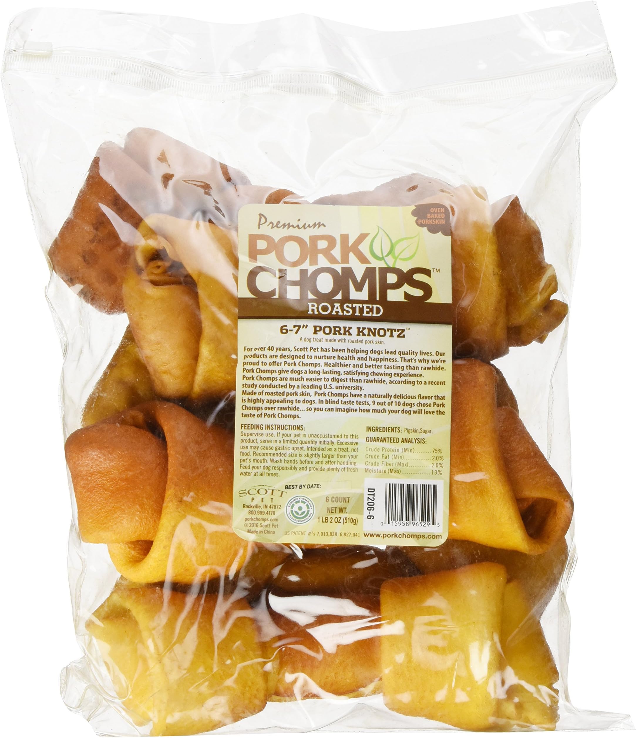 Pork Chomps Roasted Pork Skin Dog Chews, 6inch Knots, 6