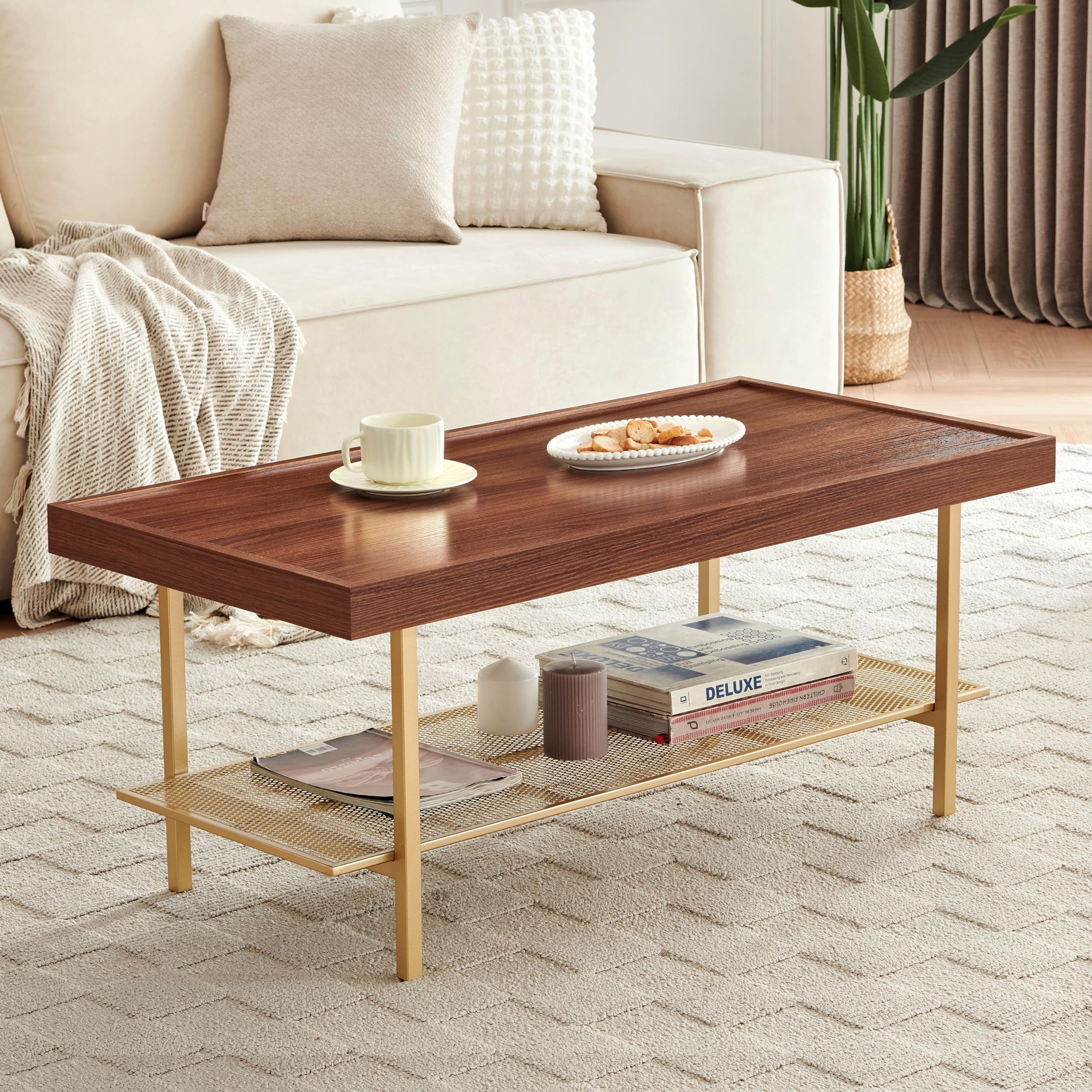 AGV 202313 Coffee Table, Double Layer Coffee Table for Living Space, L39 x W20 x H17, Gold Finish Metal Frmae, Gold Metal Top & Walnut Wood Top