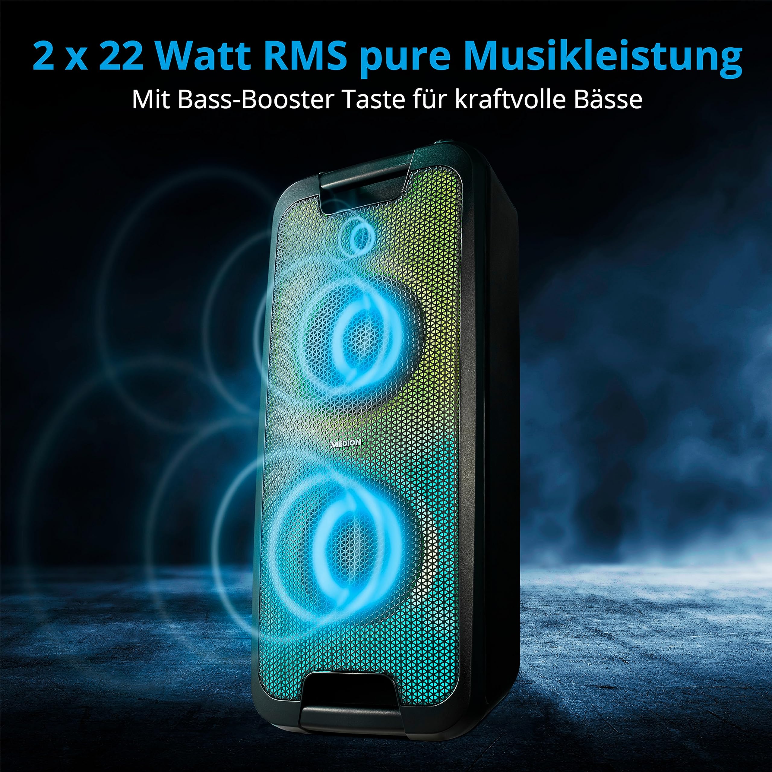MEDION E61400 Party-Soundsystem (Partylautsprecher, inkl. Mikrofon, Karaoke, Akku, Bluetooth 5.0, Kompaktanlage, Farbige umlaufende LEDs, USB, AUX, 2X Mikrofonanschluss)