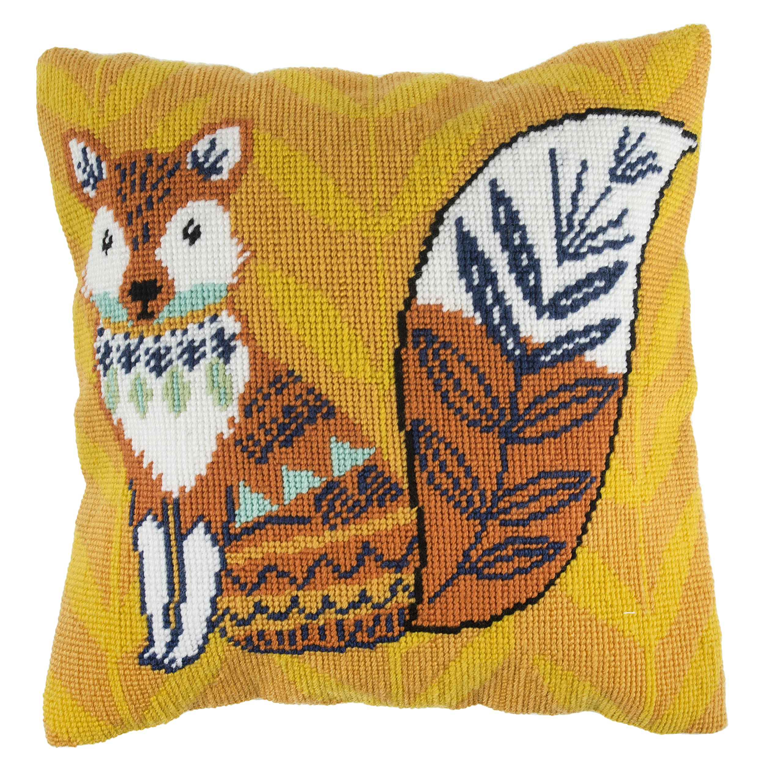 Trimits Half Stitch Cross Stitch Cushion Kit, Cushion Back Included, Pre Printed Canvas, Yarn and Needle Included 40 x 40cm (15.75 x 15.75in), Fox