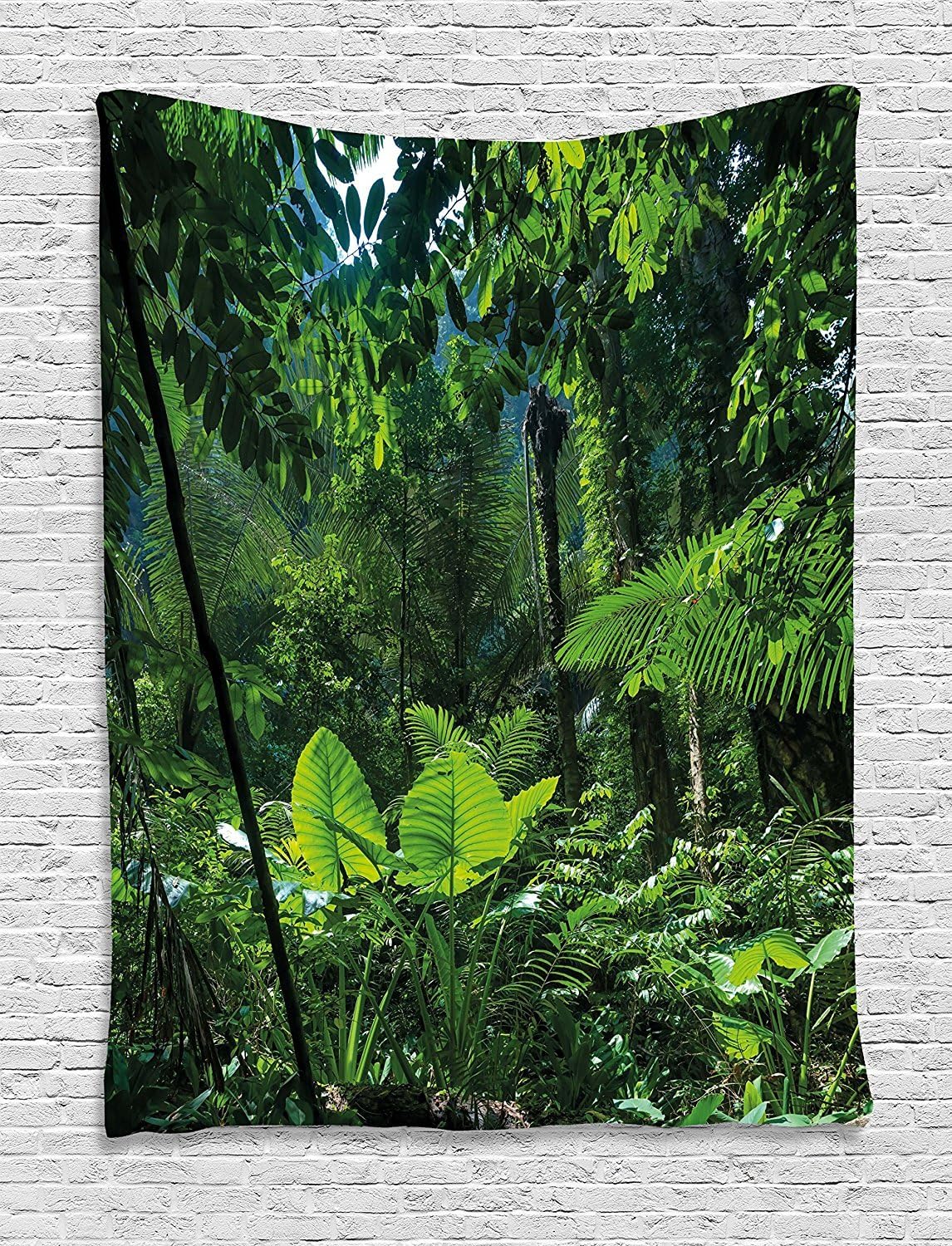Ambesonne Plant Tapestry, Green Jungle Untouched Nature Environmental Concerns Flora Fauna Jungle Rainforest, Wall Hanging for Bedroom Living Room Dorm Decor, 60" X 80", Green Black