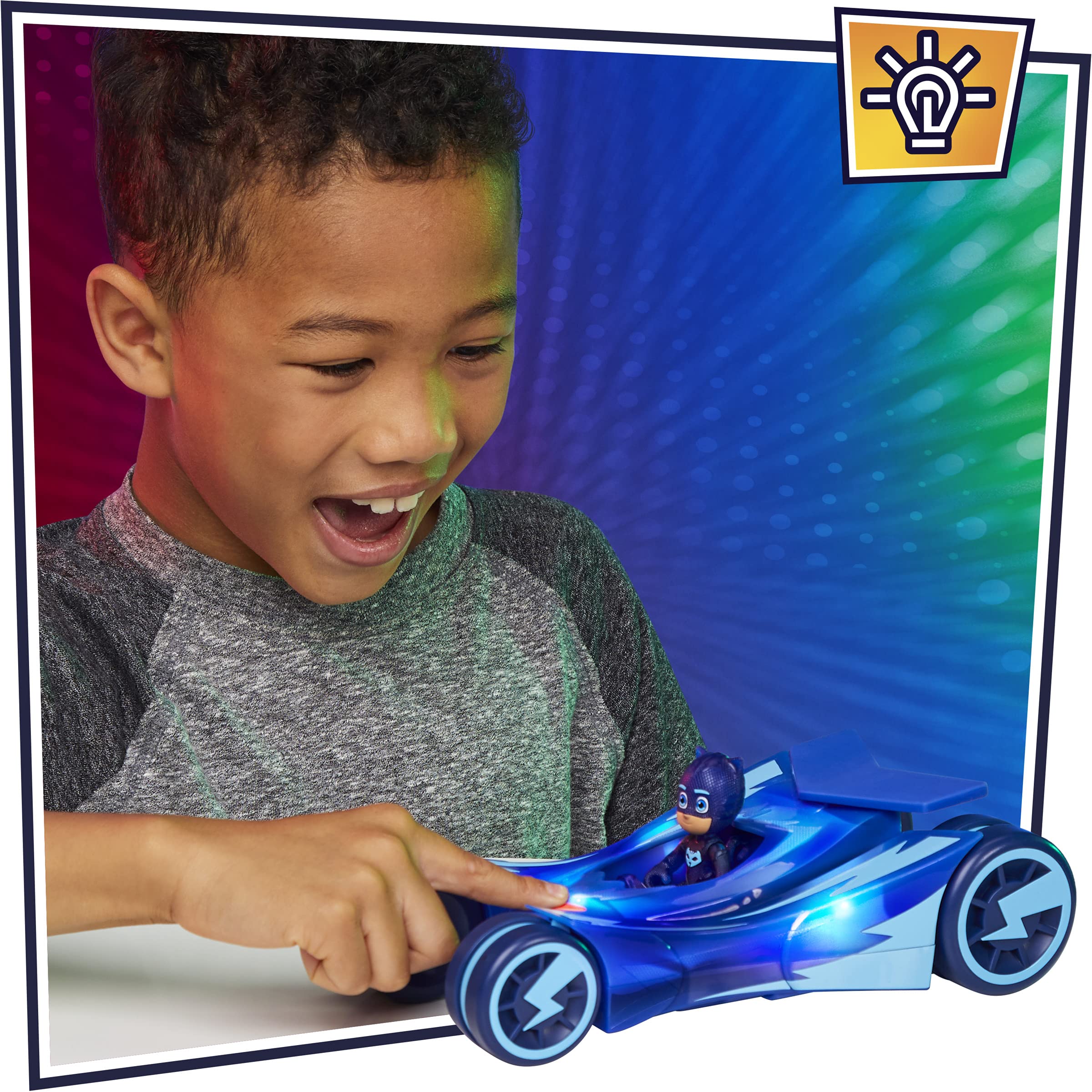 PJ Masks Glow & Go, Gattomobile, Veicolo Giocattolo per età prescolare, Auto di Gattoboy Che Si Illumina con Action Figure di Gattoboy, per Bambini dai 3 Anni in su