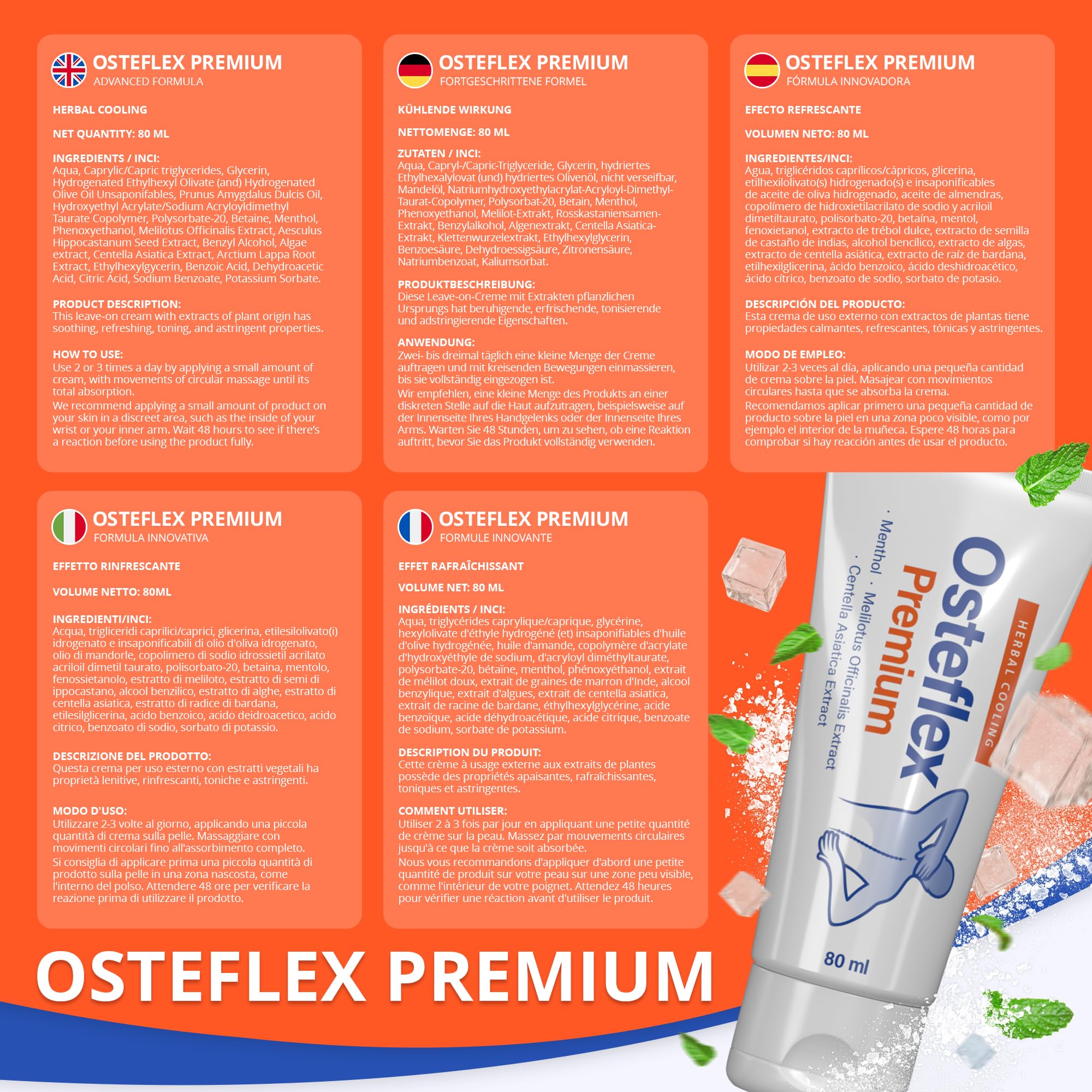 Osteflex Premium - Crema per il Dolore Articolare, con Centella Asiatica, Radice di Bardana, Mentolo e Olio di Mandorle, 80 ml