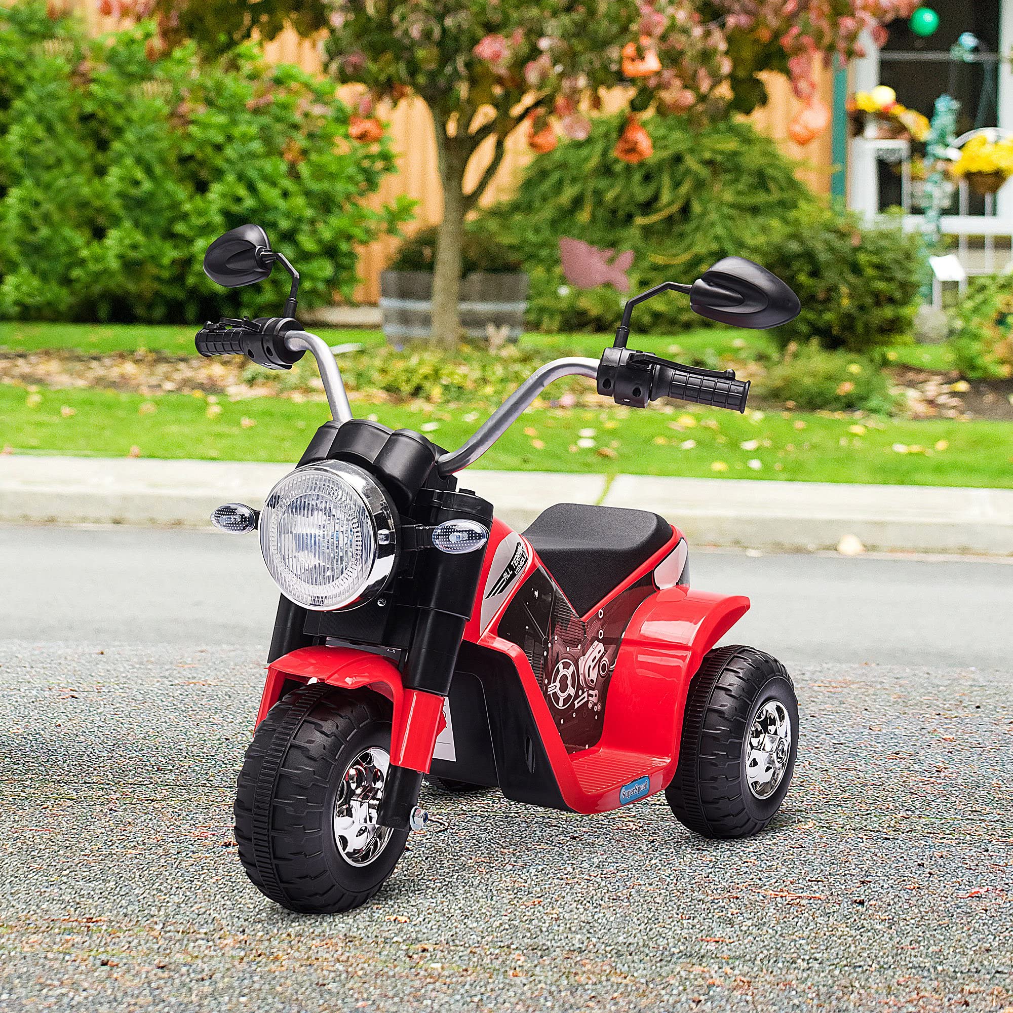 HOMCOM Moto Eléctrica Infantil con 3 Ruedas Triciclo 18-36 Meses Rojo | Triciclo a Batería 6V, con Faro, Bocina, 72x57x56 cm