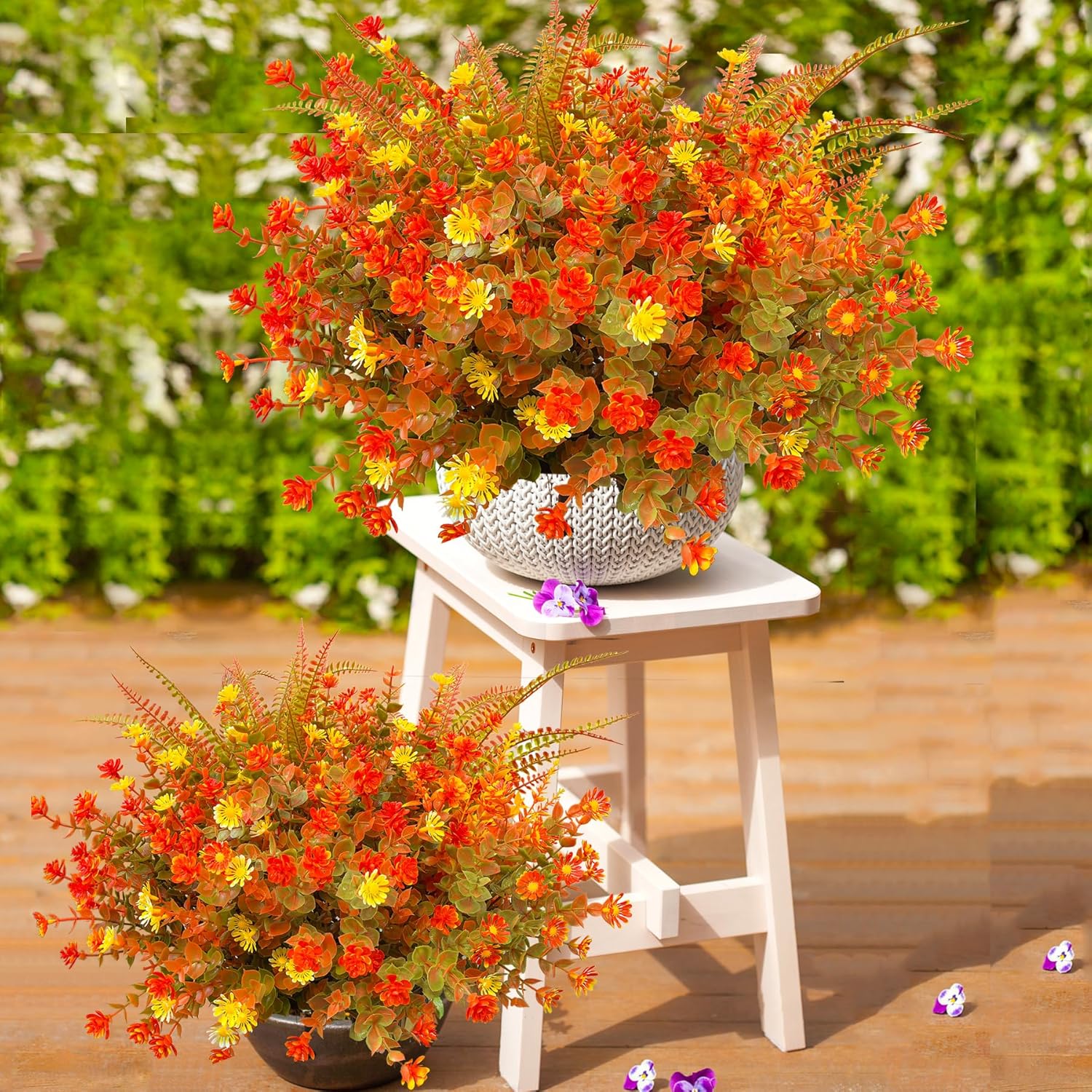 TSTWETO 18 PCS Artificial Mums Fall Flowers for Outdoors, Artificial Plants Outdoor Fake Mums UV Resistant, Outdoor Fake Plants Plastic Faux Flowers for Porch Window Box Garden (Orange Red)