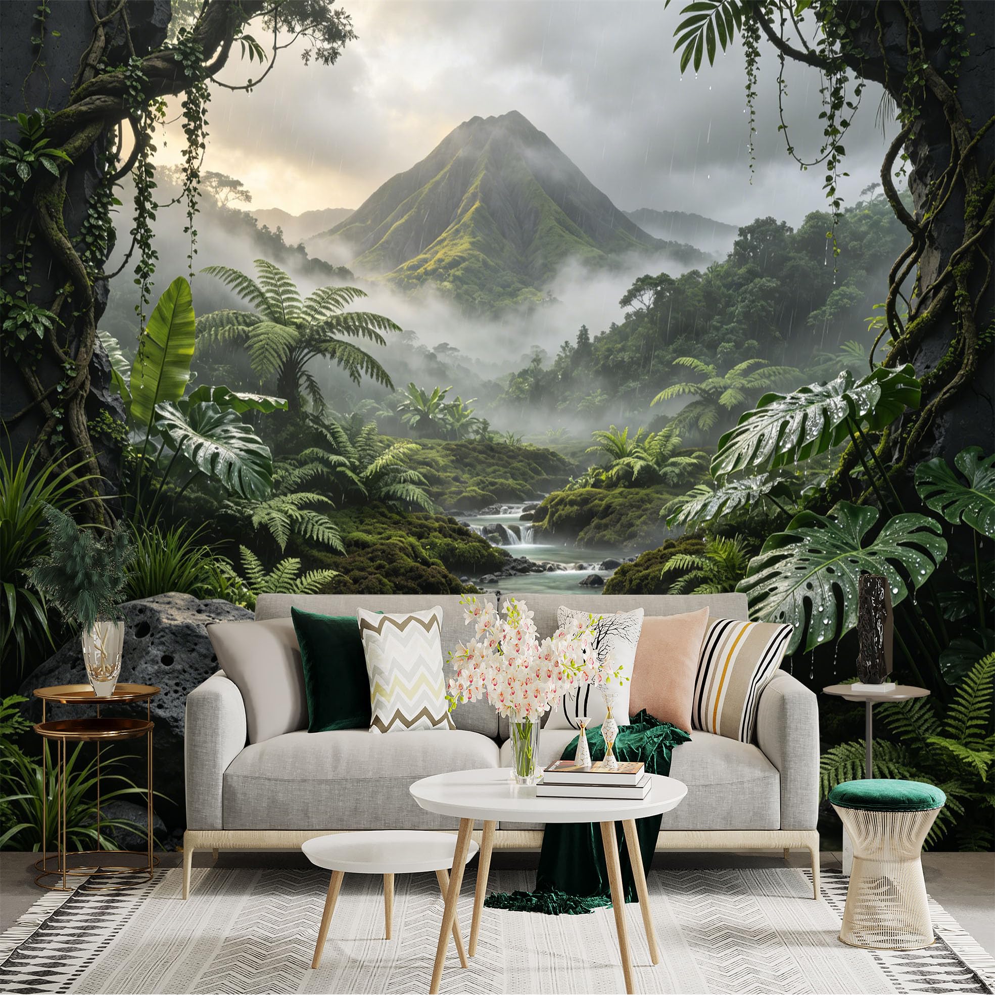 Custom Size Wall Sticker Mural， Tropical Rainforest with Waterfall， Misty Mountain and Lush Green Plants， for wall Decoration， peelandstick wall Decals.